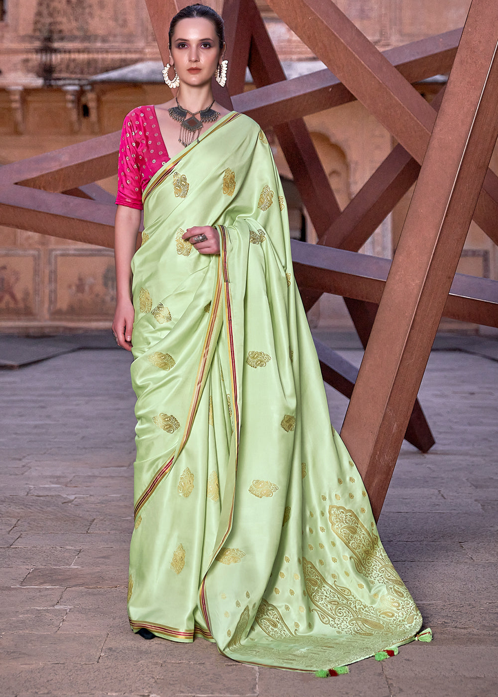 Sprout Green Woven Satin Silk Saree