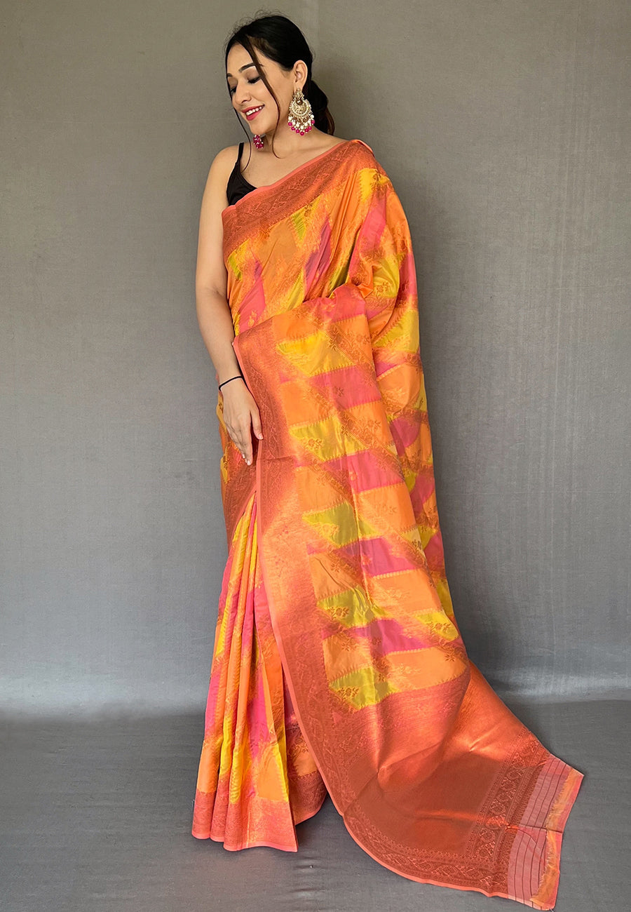 Carrot Orange Copper Zari Woven Organza Saree