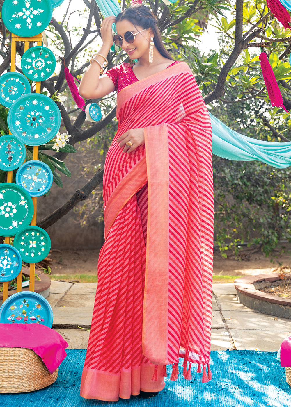 Alizarin Pink Cotton Saree With Leheriya Print