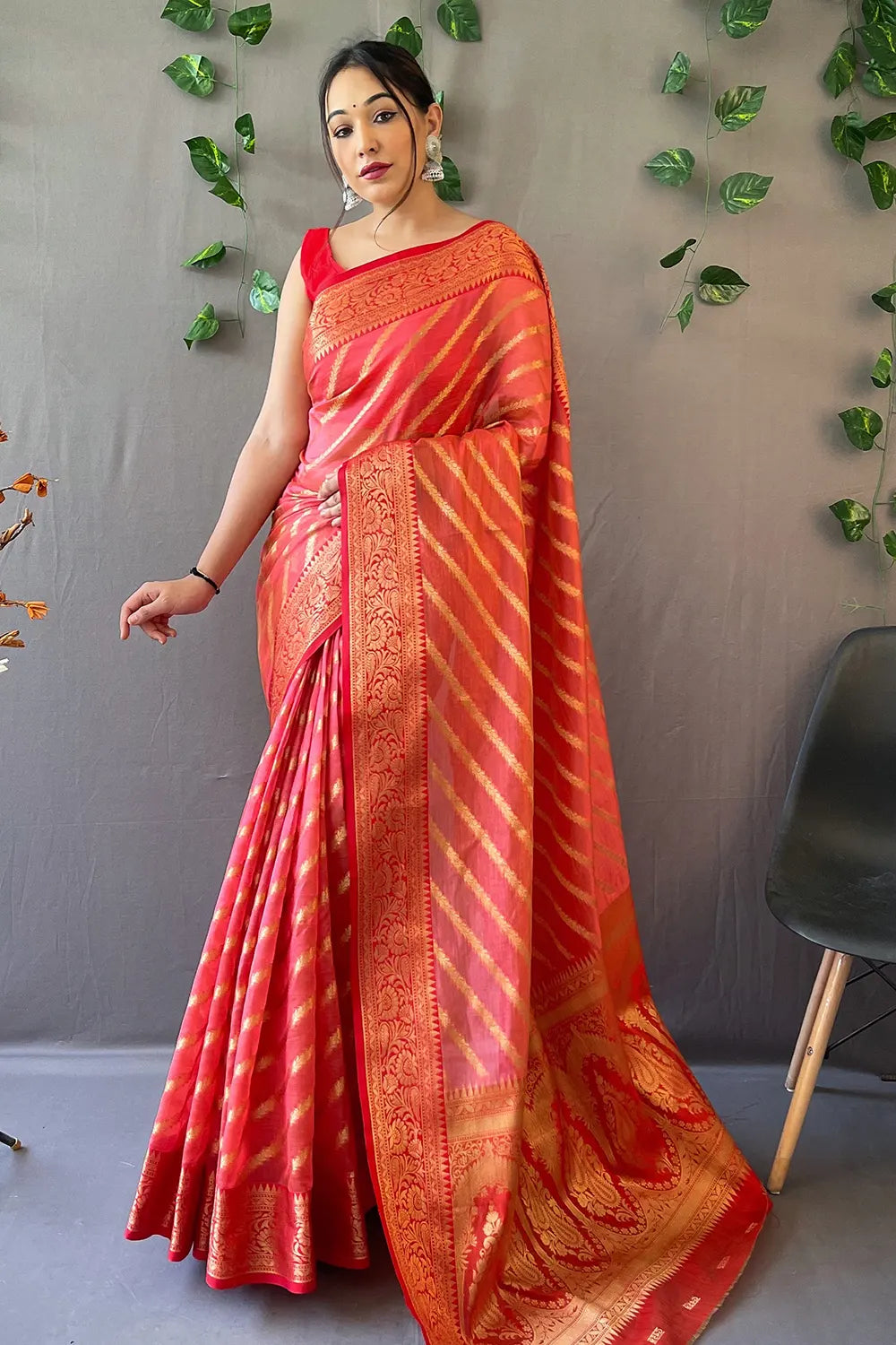 Milano Red Zari Woven Organza Saree