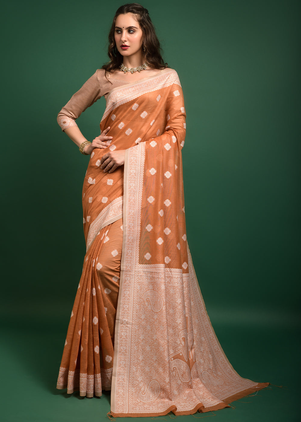 Macaroni Orange Chikankari Chanderi Cotton Woven Saree