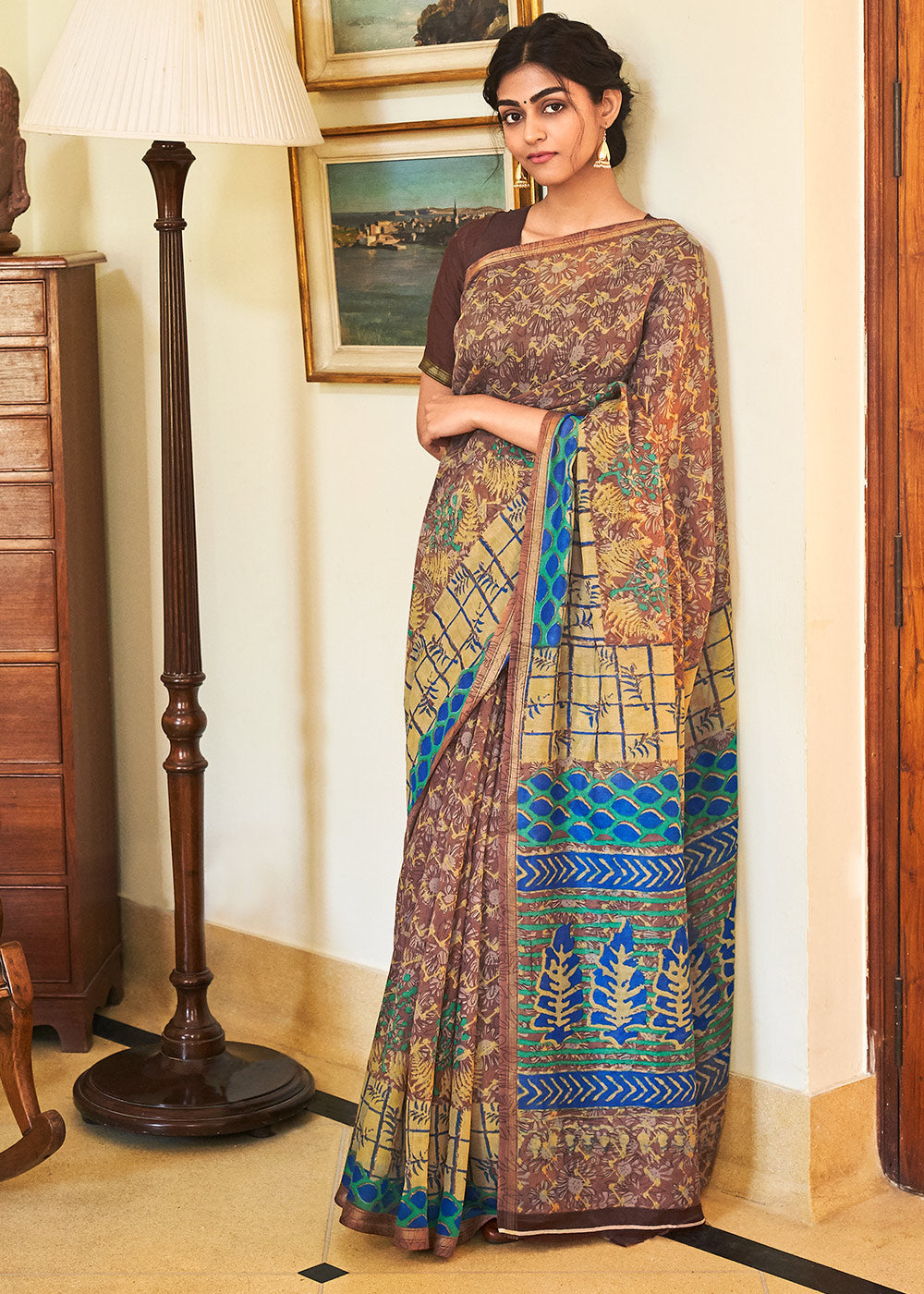 Congo Brown and Blue Cotton Linen Batik Printed Saree