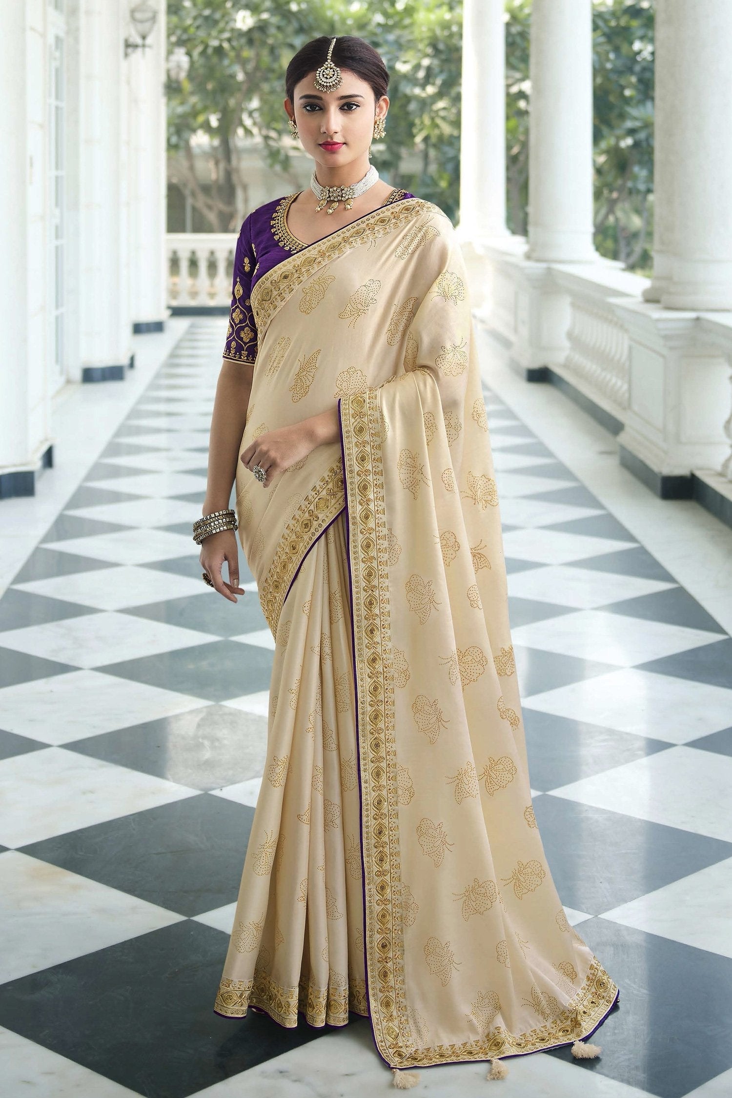 Hampton Cream and Purple Chiffon Stone Work Saree