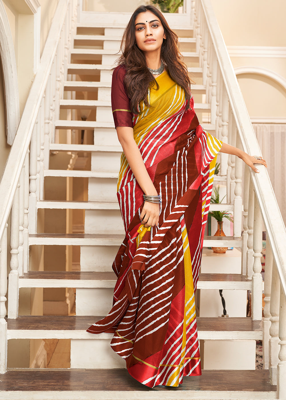 Merlot Red Yellow and Brown Cotton Saree With Leheriya Print