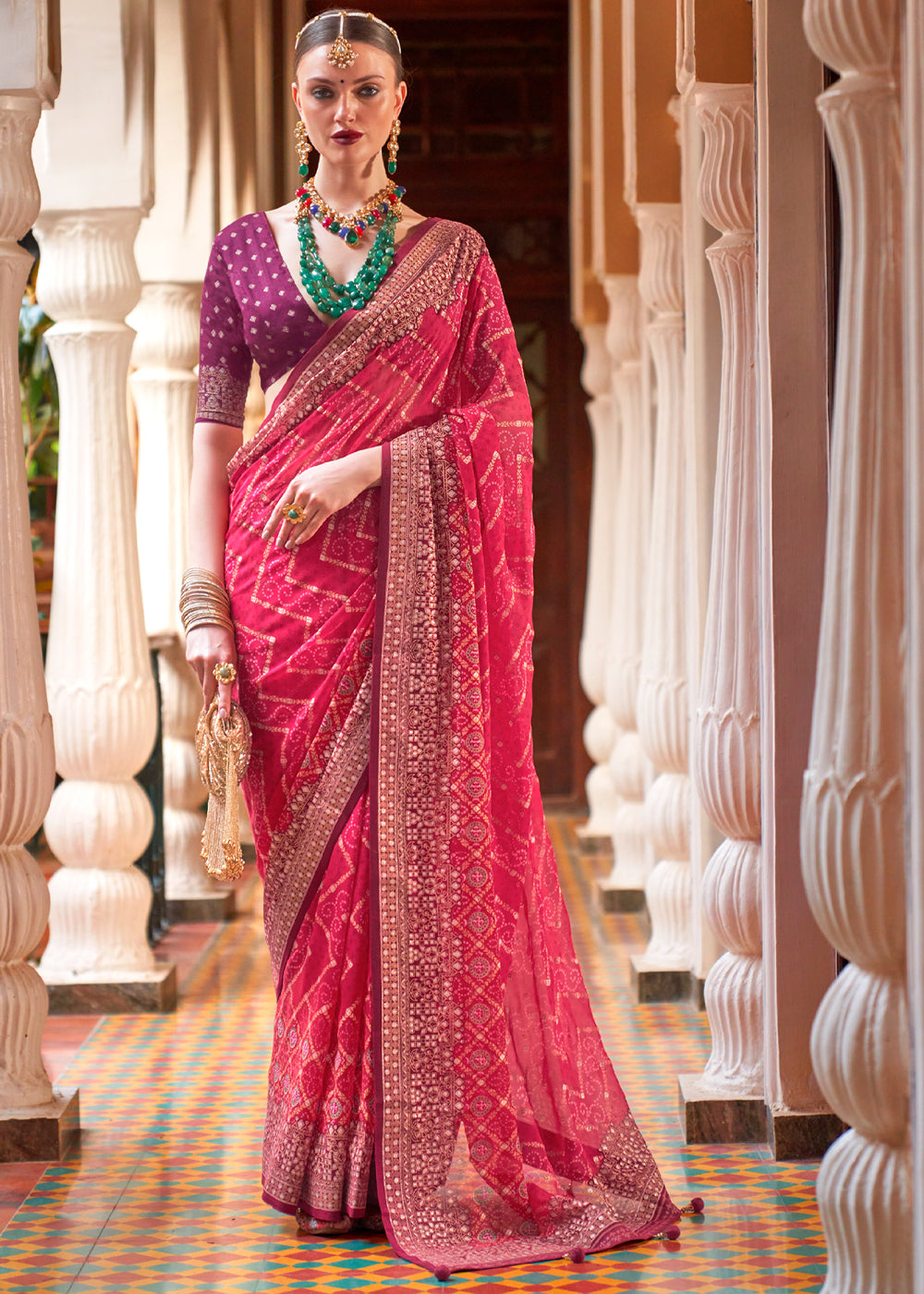 Brick Pink Lehariya Georgette Silk Saree