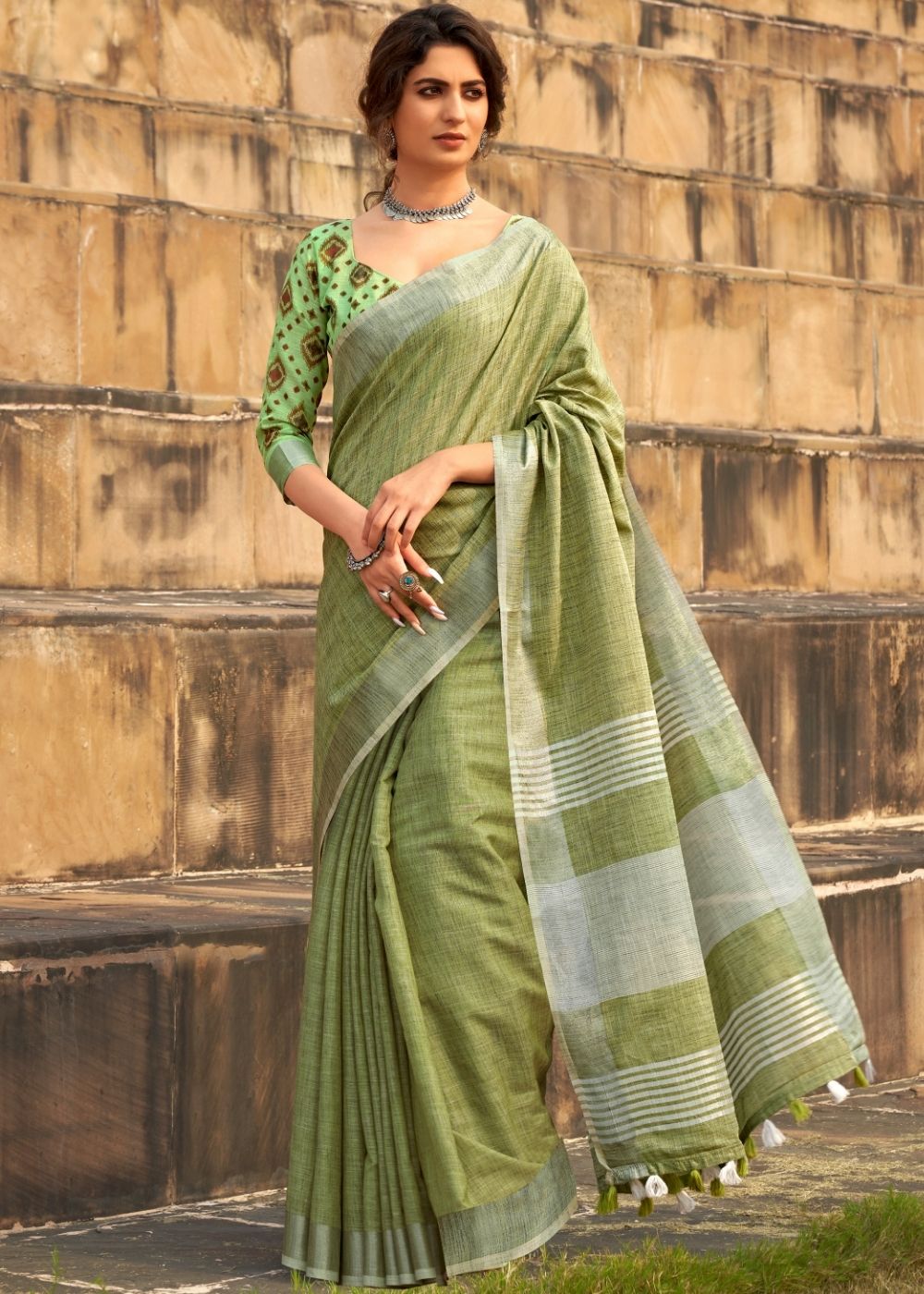 Sycamore Green Soft Linen Silk Saree