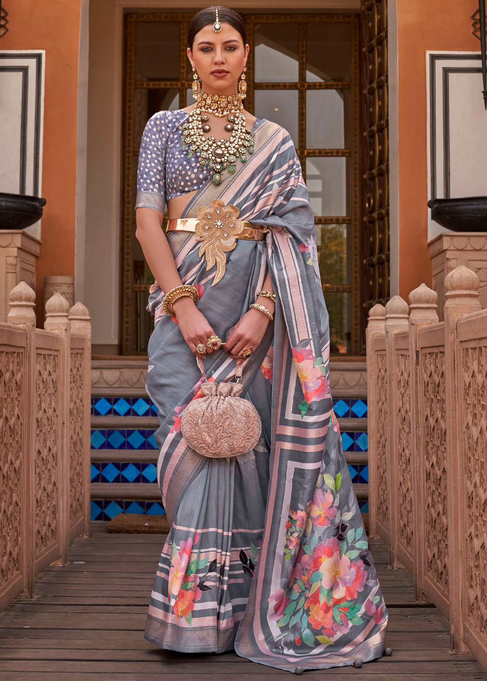 Salt Box Grey Soft Floral Printed Silk Saree