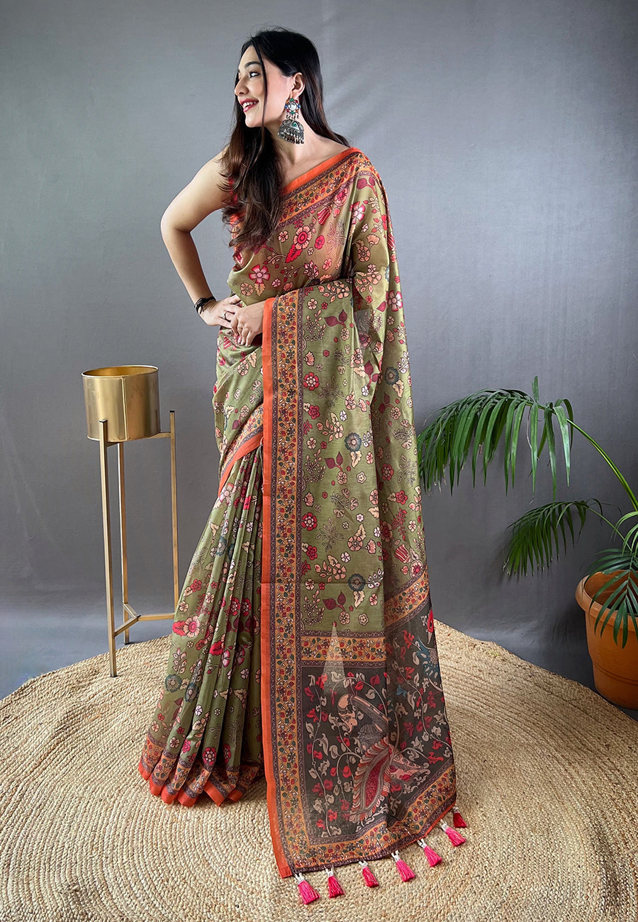 Clay Creek Green Cotton Kalamkari Printed Saree