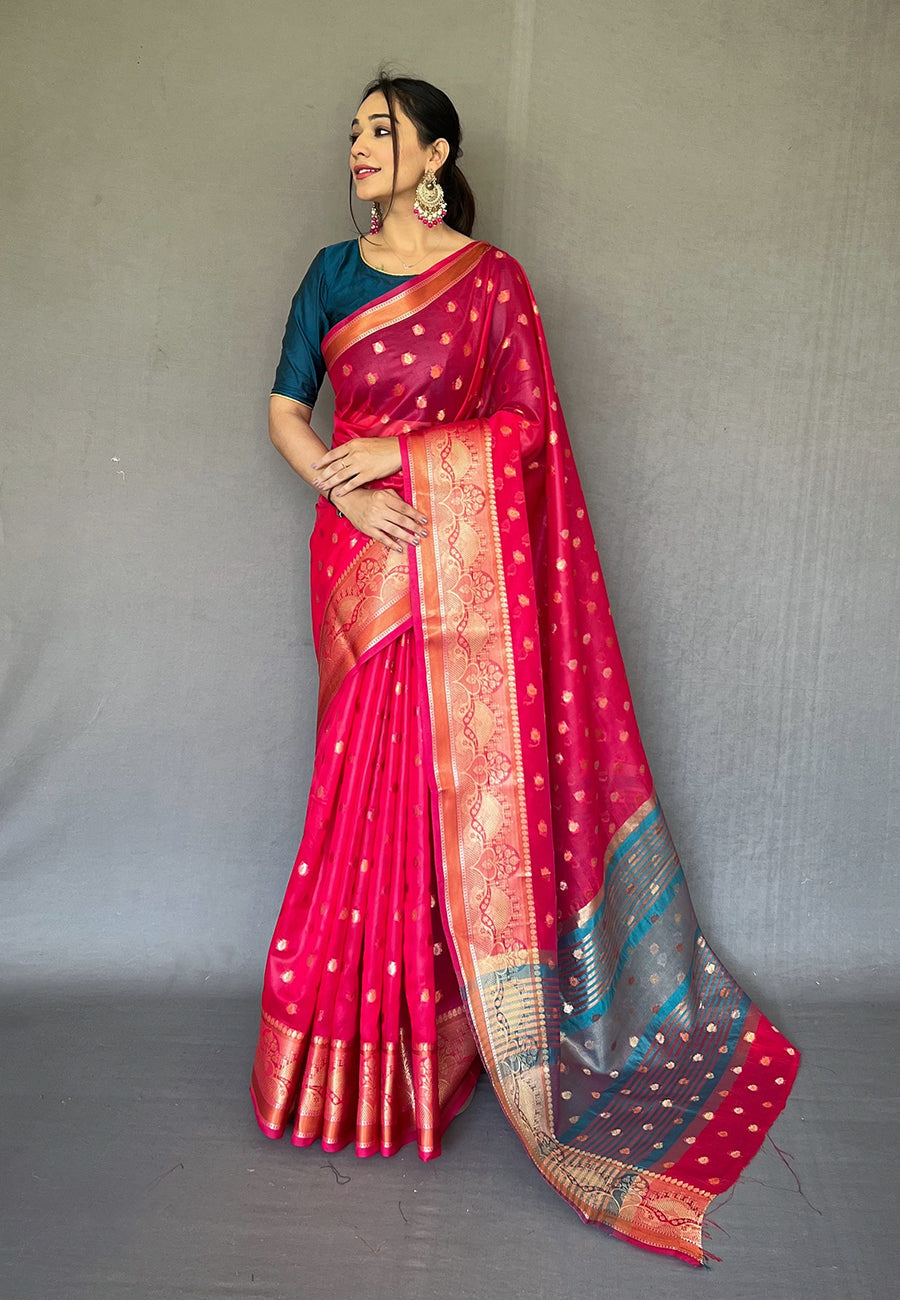 Sasquatch Pink Zari Woven Organza Silk Saree