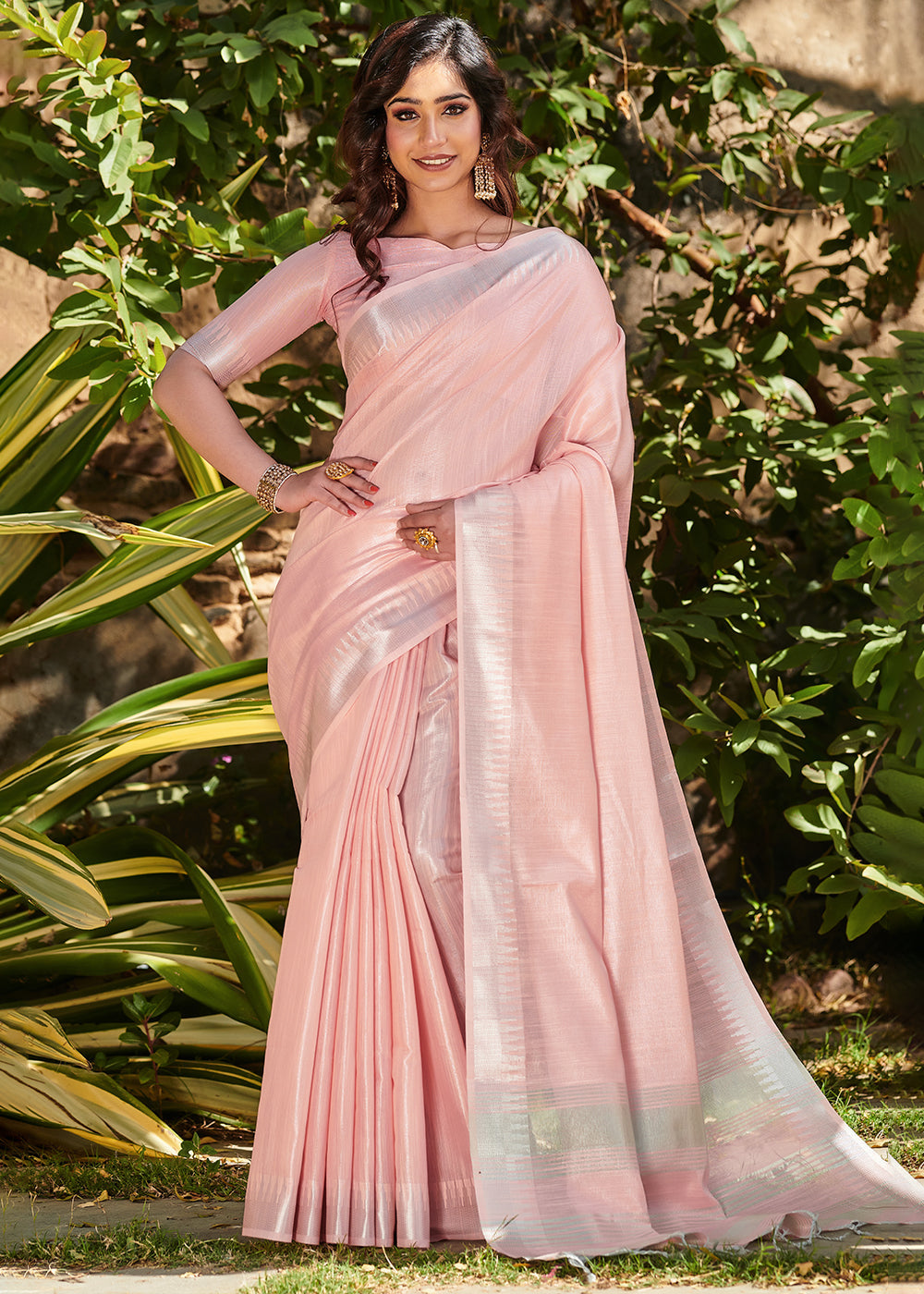 Mandys Pink Zari Woven Tissue Linen Saree