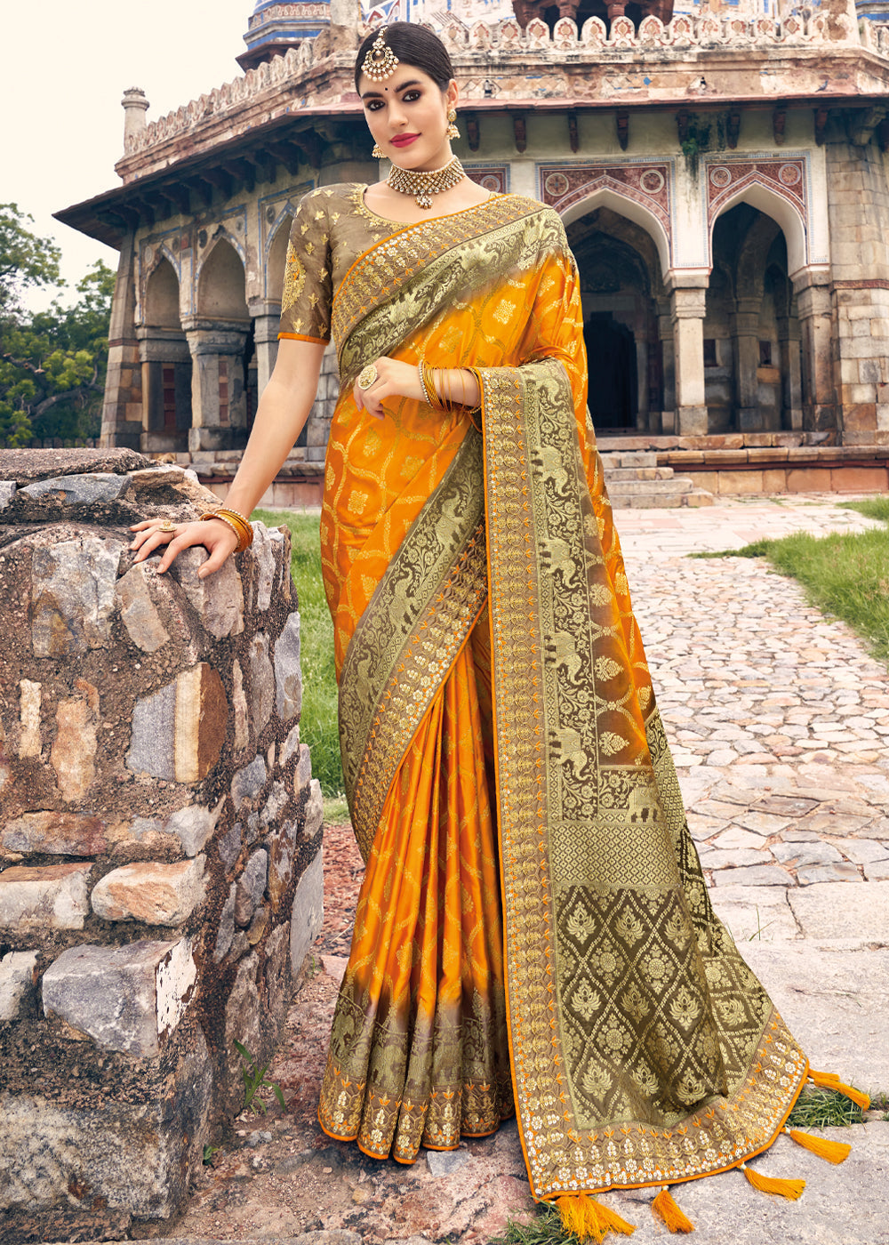 Neon Orange and Brown Zari Woven Designer Banarasi Saree