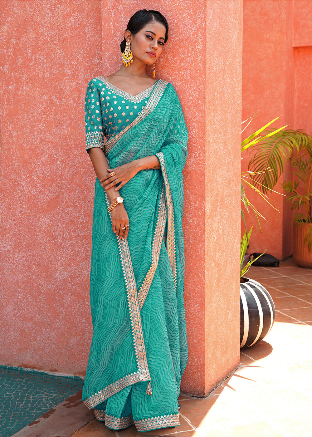 Ocean Green Pearl Lehriya Organza Saree With Embroidered Blouse