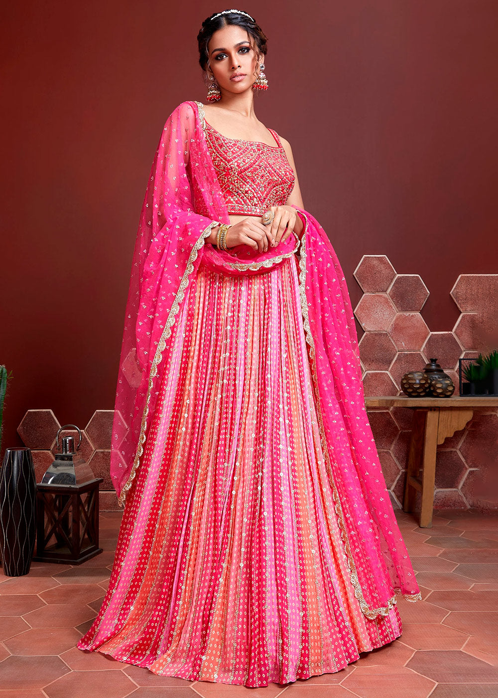 Wild Watermelon Pink Bandhani Printed Chinon Silk Lehenga Choli