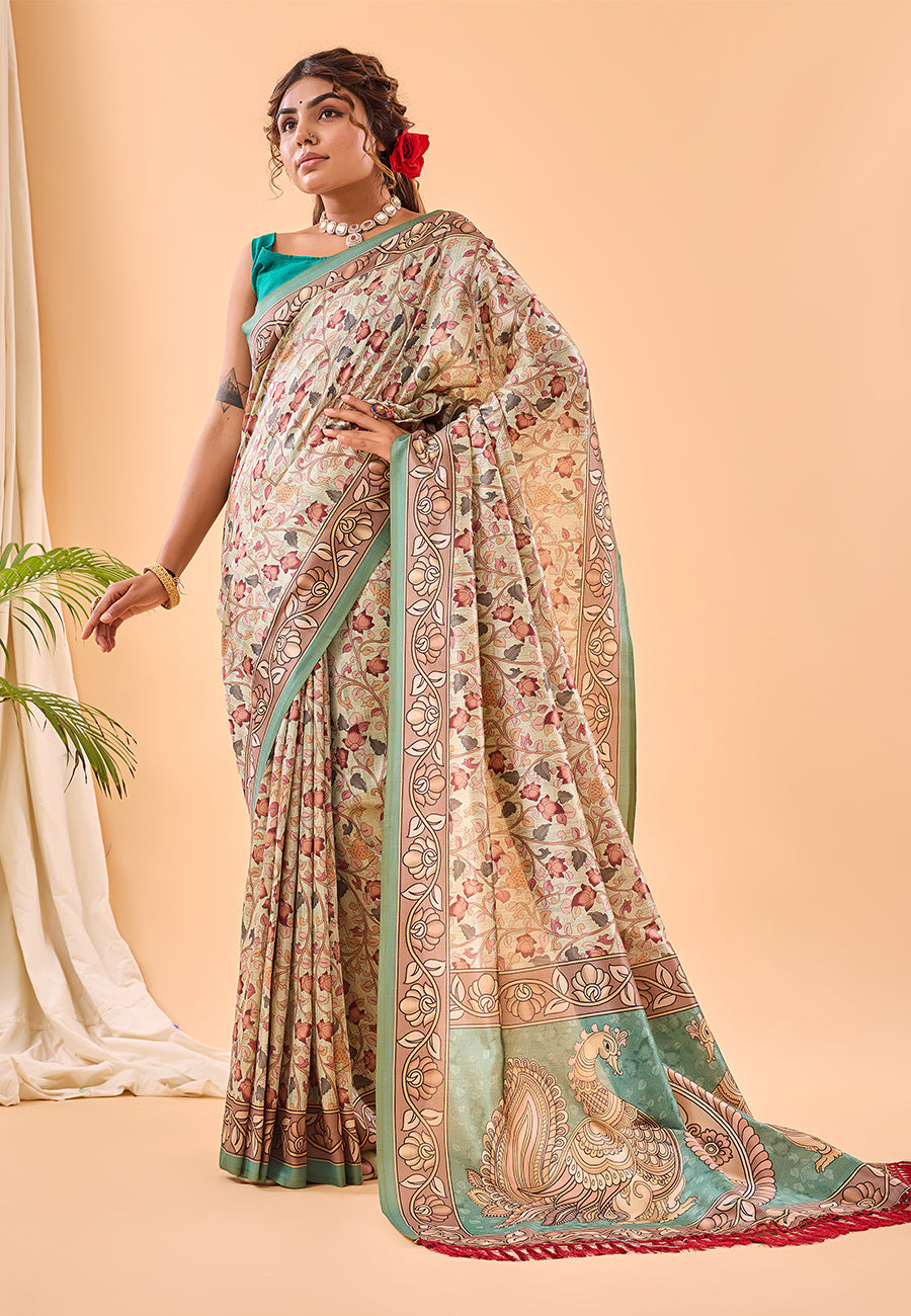 Summer Blue Floral Kalamkari Printed Saree