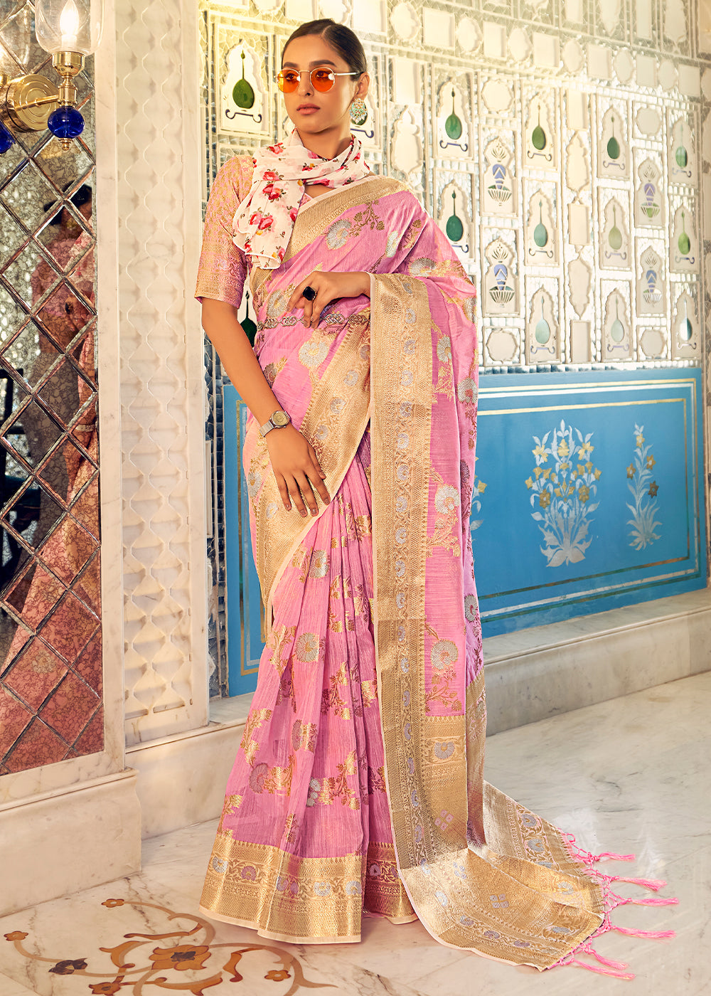 Mauvelous Pink Zari Woven Linen Silk Saree