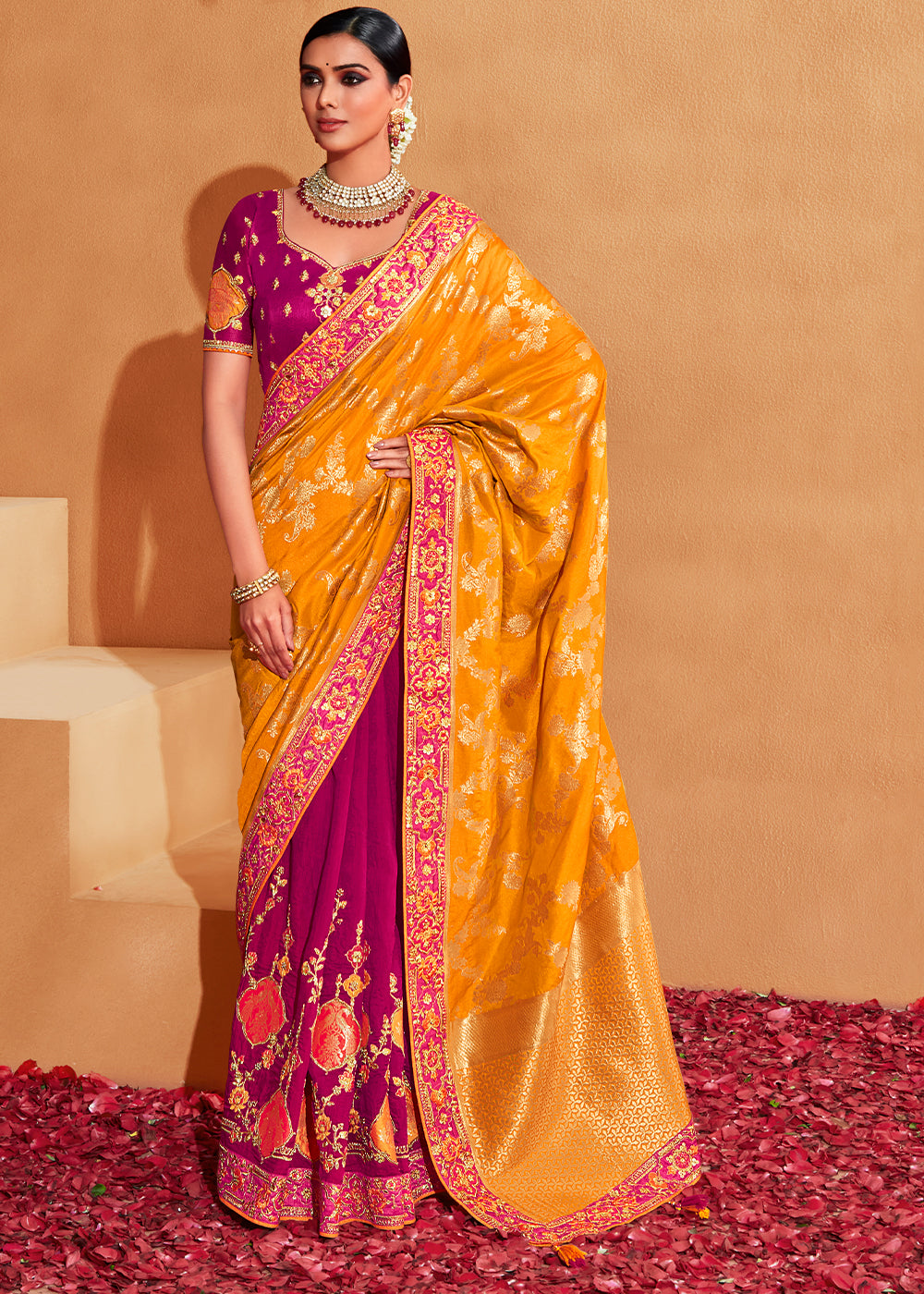 Jazzberry Pink and Yellow Embroidered Banarasi Silk Saree