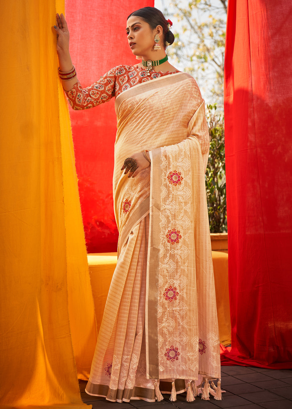 Peach Orange Woven Linen Silk Saree