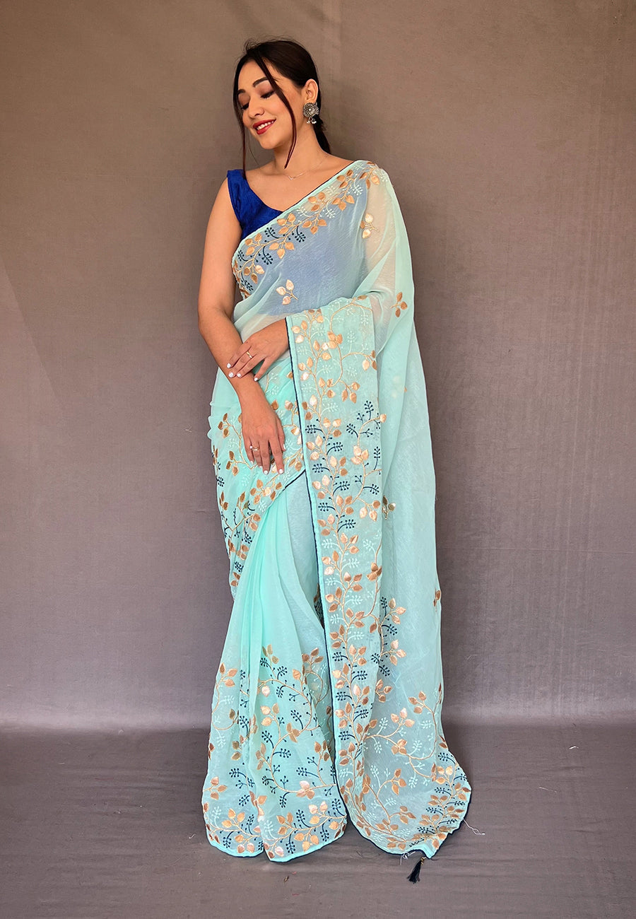 Pale Leaf Blue Embroidered Organza Silk Saree