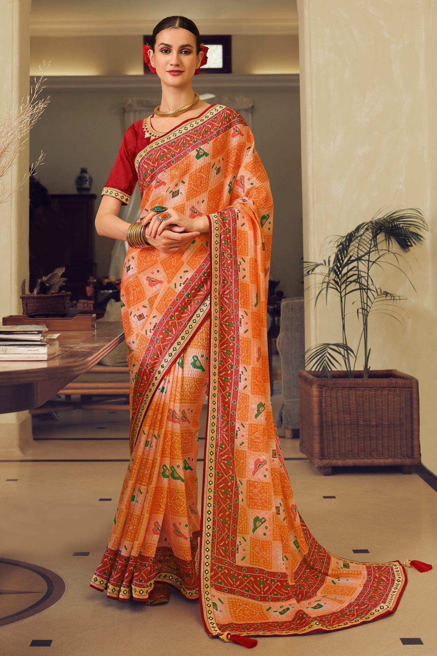 Tangerine Orange Patola Printed Saree