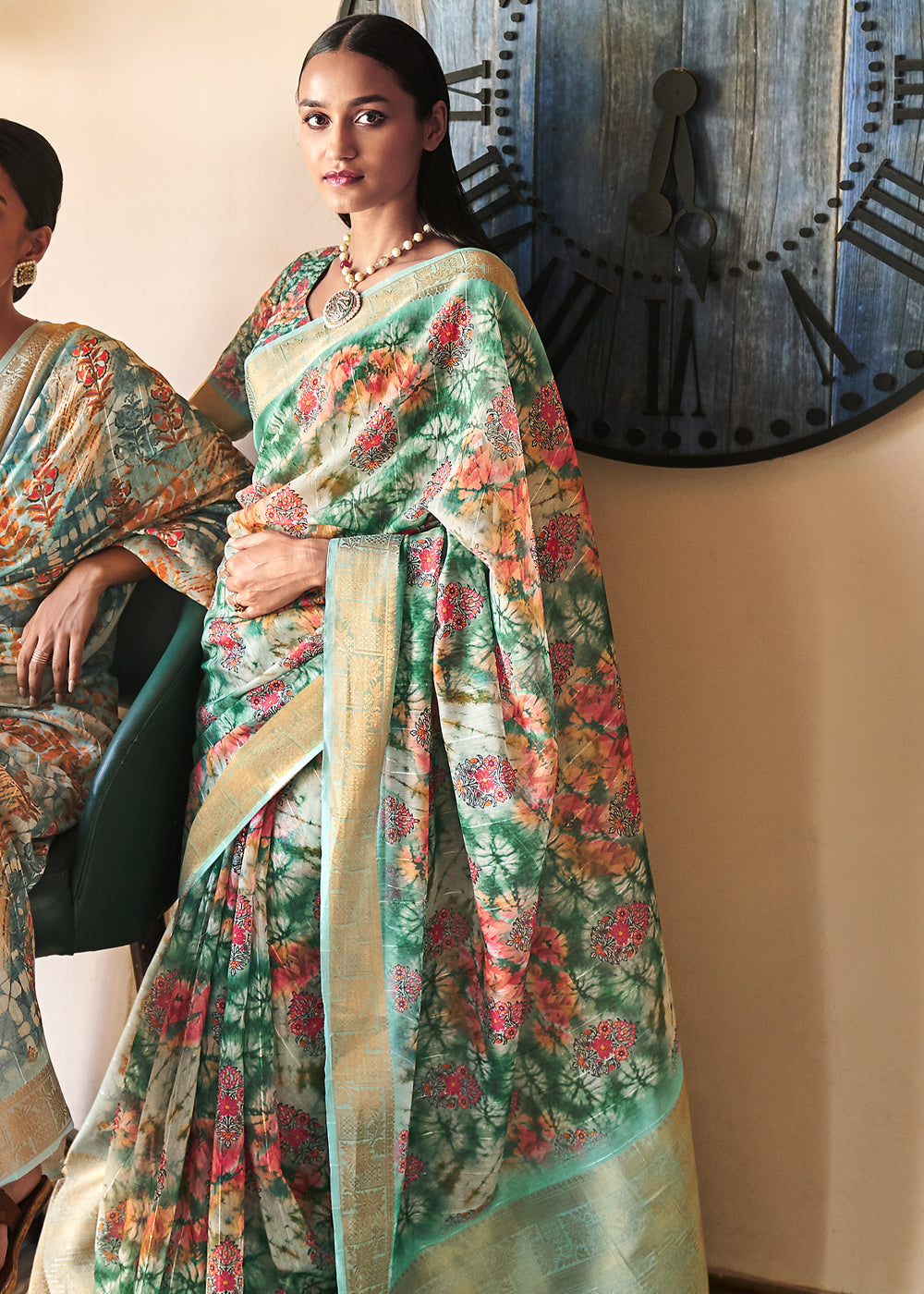 Pine Green Digital Print Linen Saree