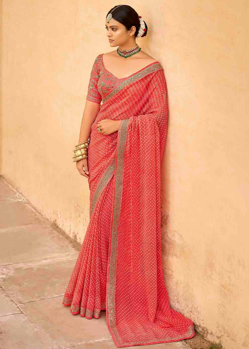 Burnt Pink Georgette Leheriya Printed Saree with Embroidered Blouse