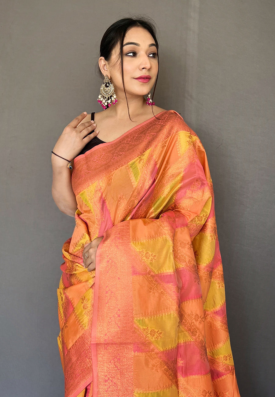 Carrot Orange Copper Zari Woven Organza Saree