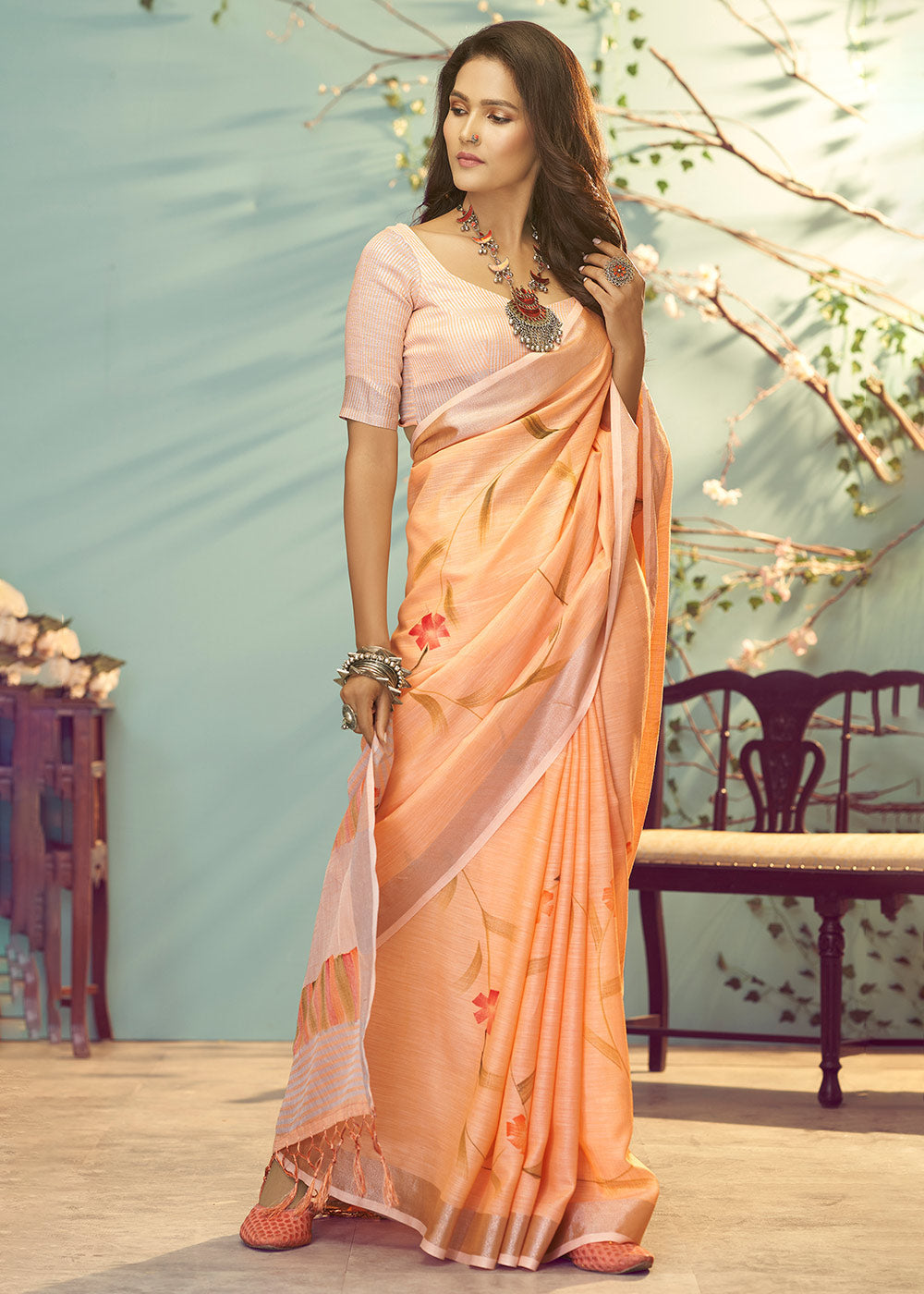 Flesh Orange Soft Linen Silk Floral Printed Saree