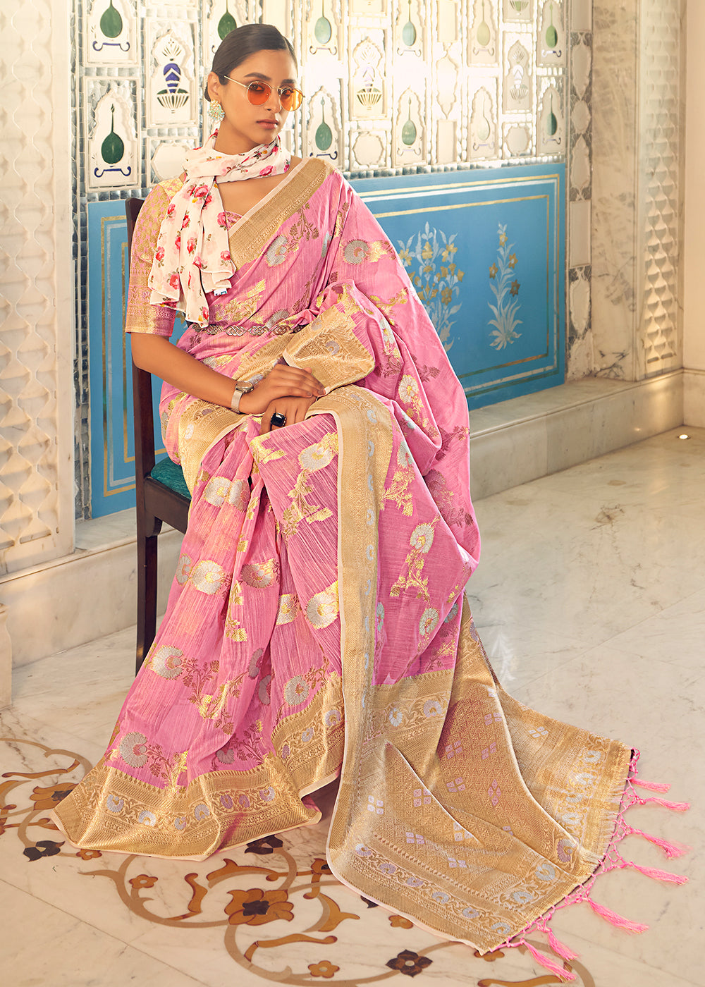 Mauvelous Pink Zari Woven Linen Silk Saree