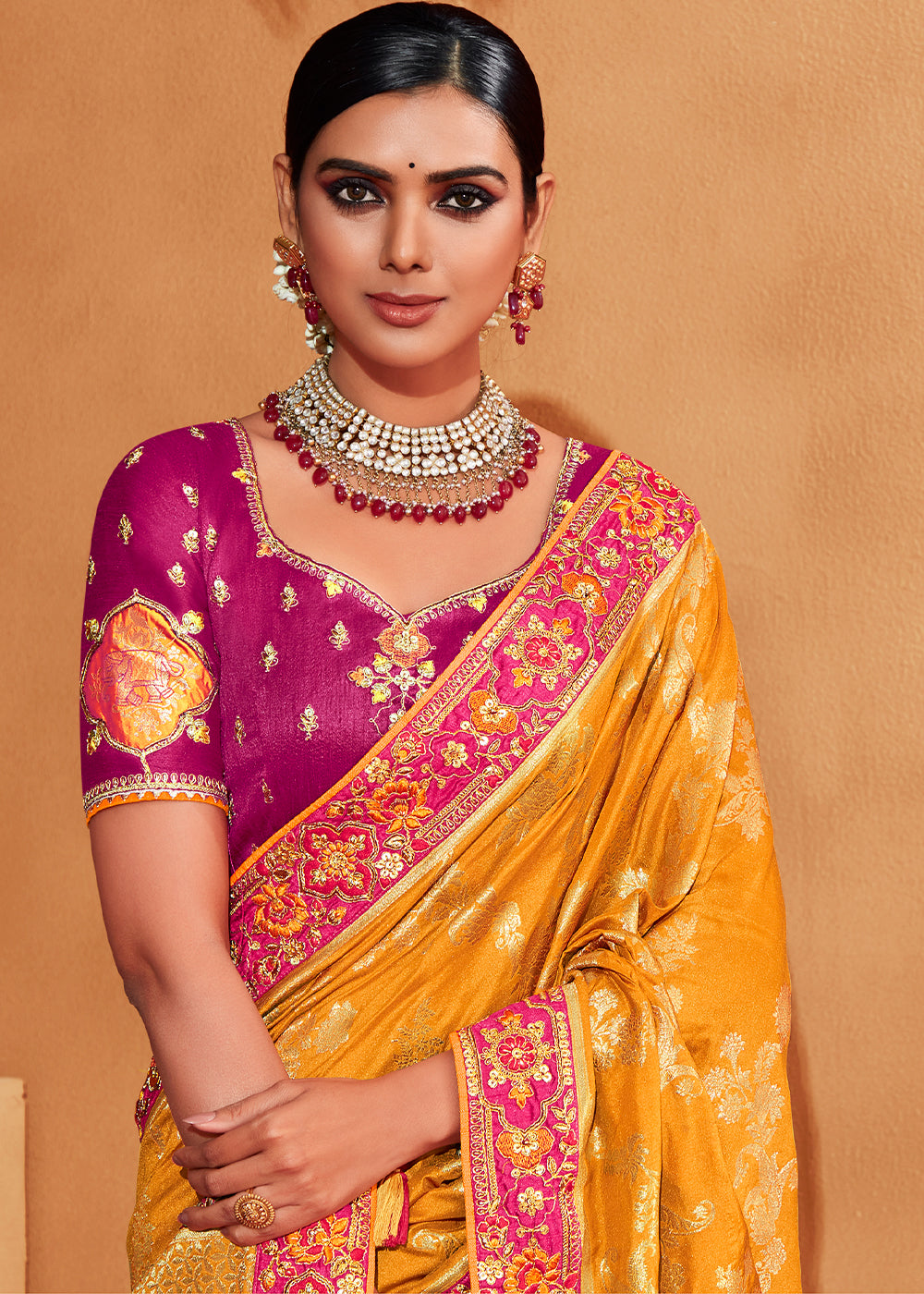 Jazzberry Pink and Yellow Embroidered Banarasi Silk Saree