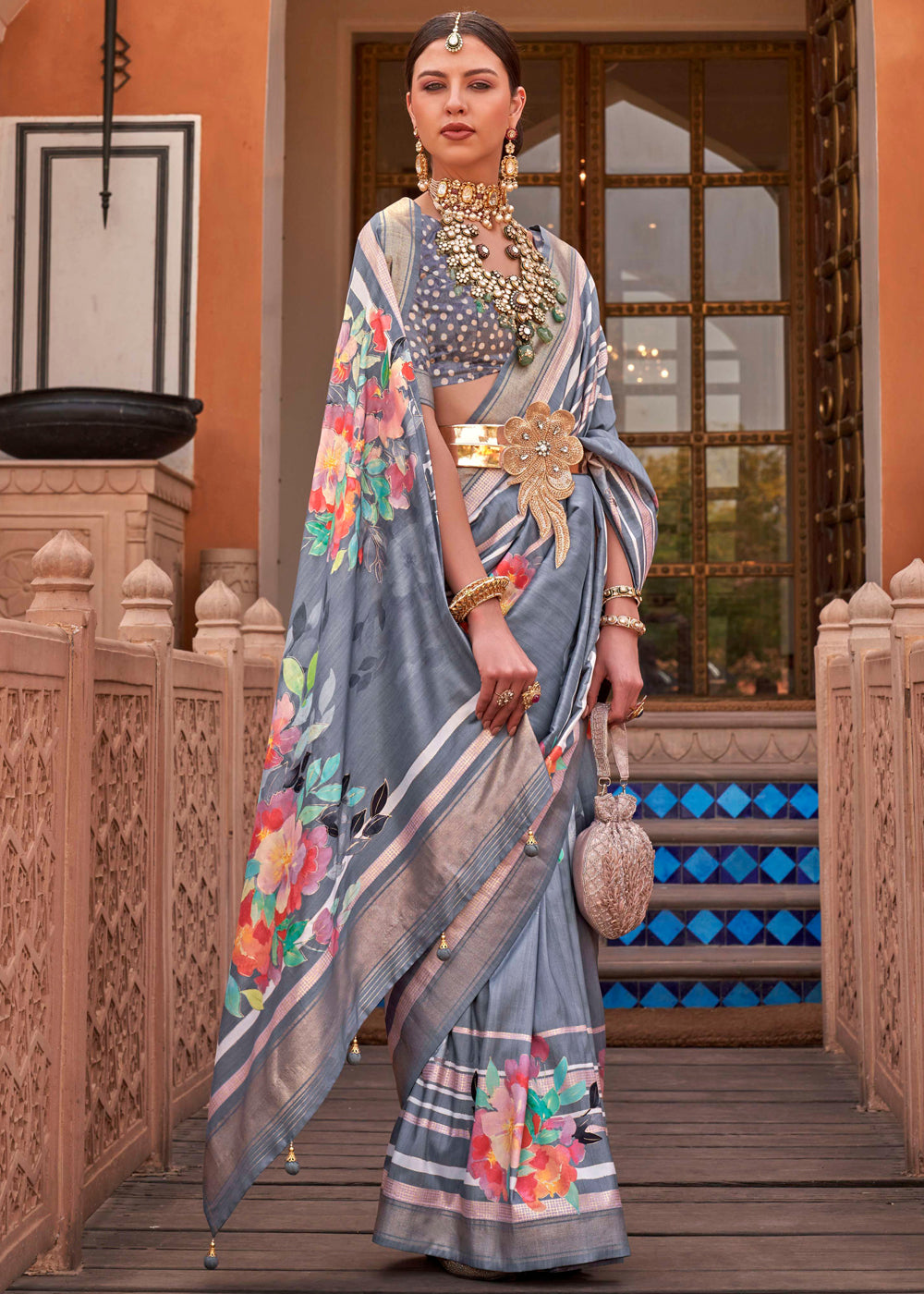 Salt Box Grey Soft Floral Printed Silk Saree