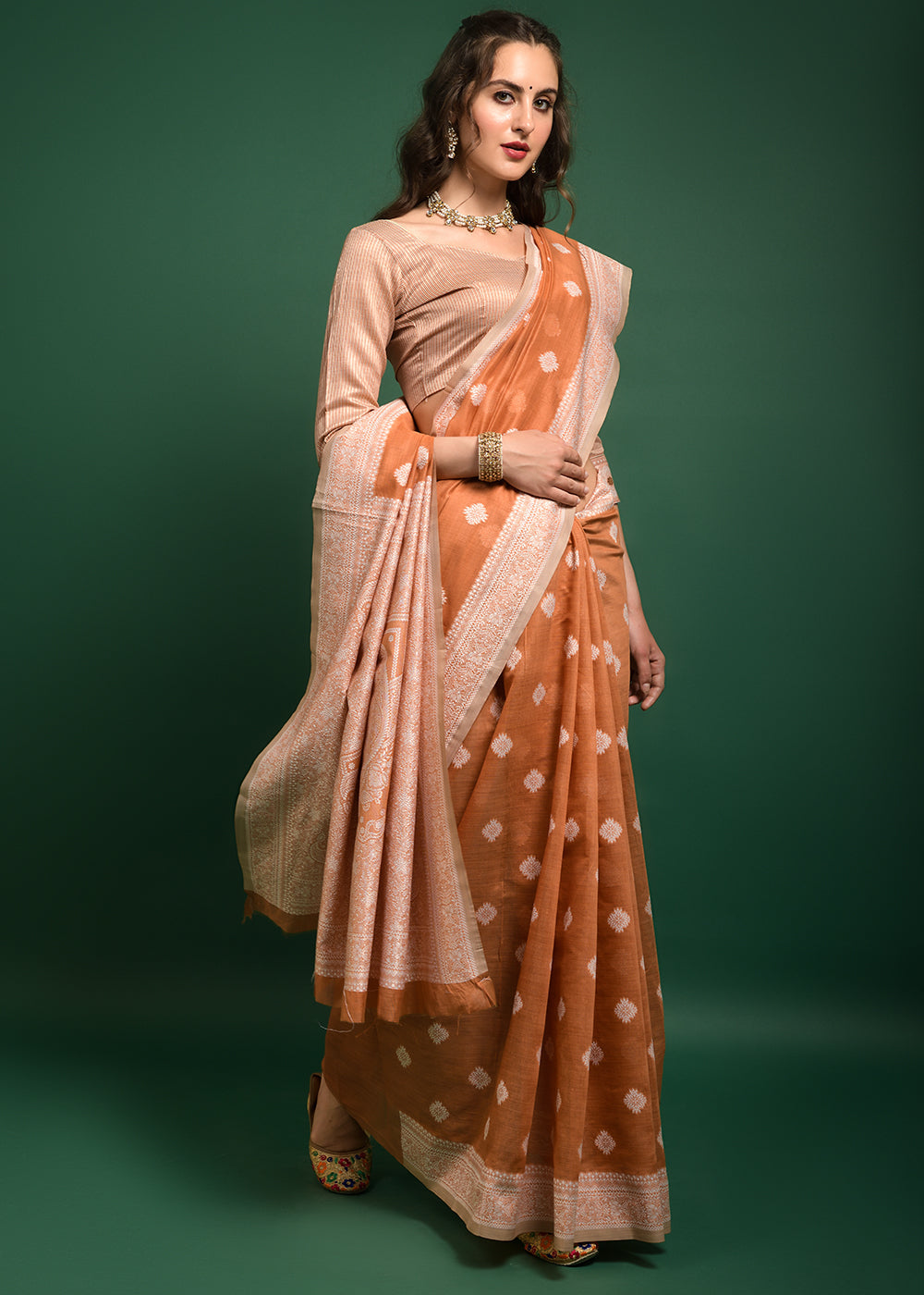 Macaroni Orange Chikankari Chanderi Cotton Woven Saree