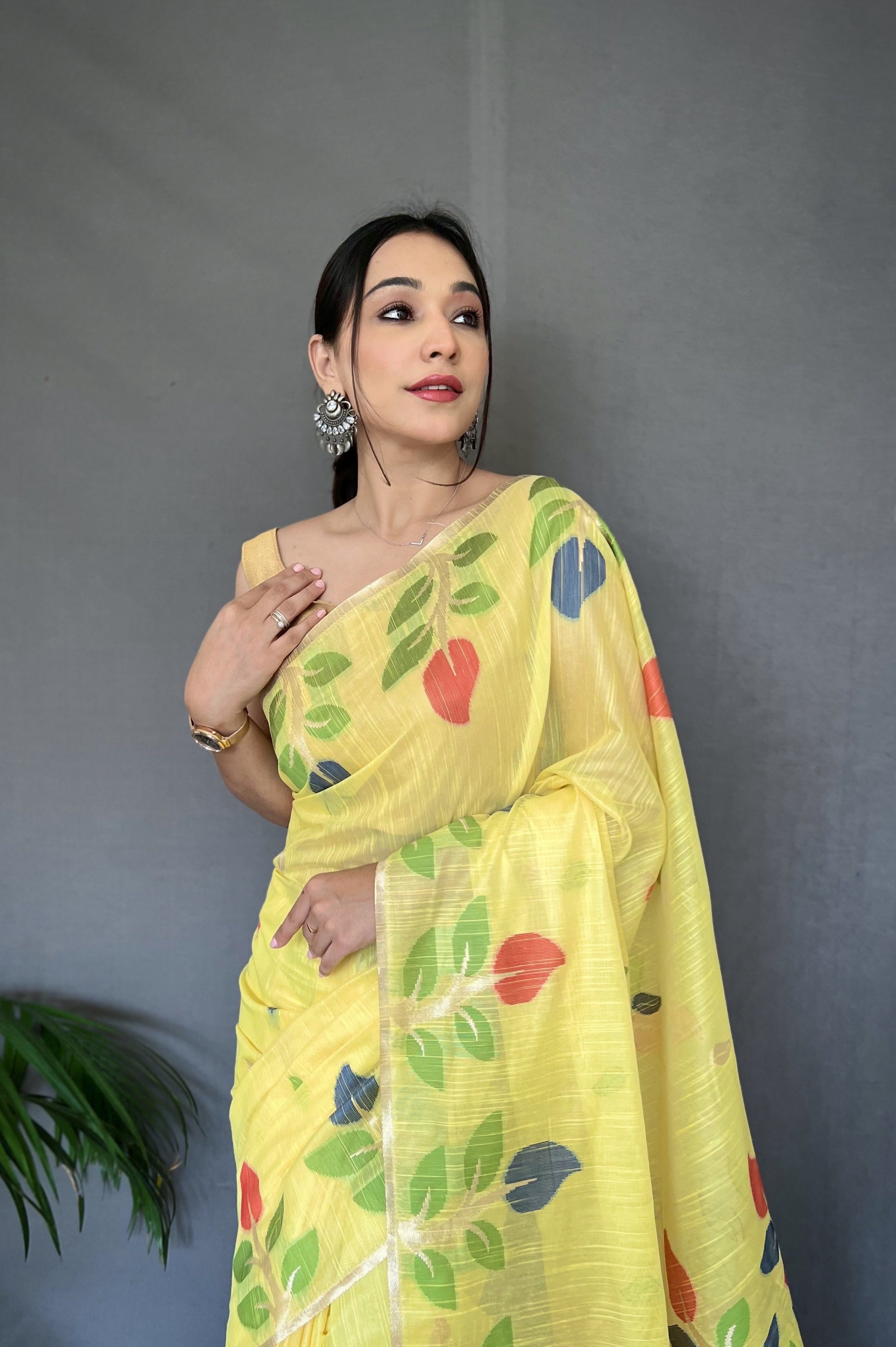 Sweet Corn Yellow Woven Cotton Jamdani Silk Saree