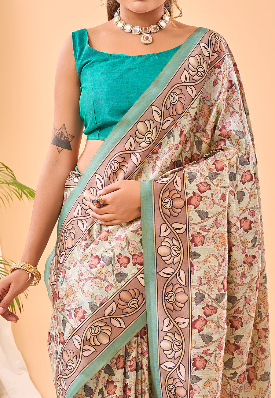 Summer Blue Floral Kalamkari Printed Saree