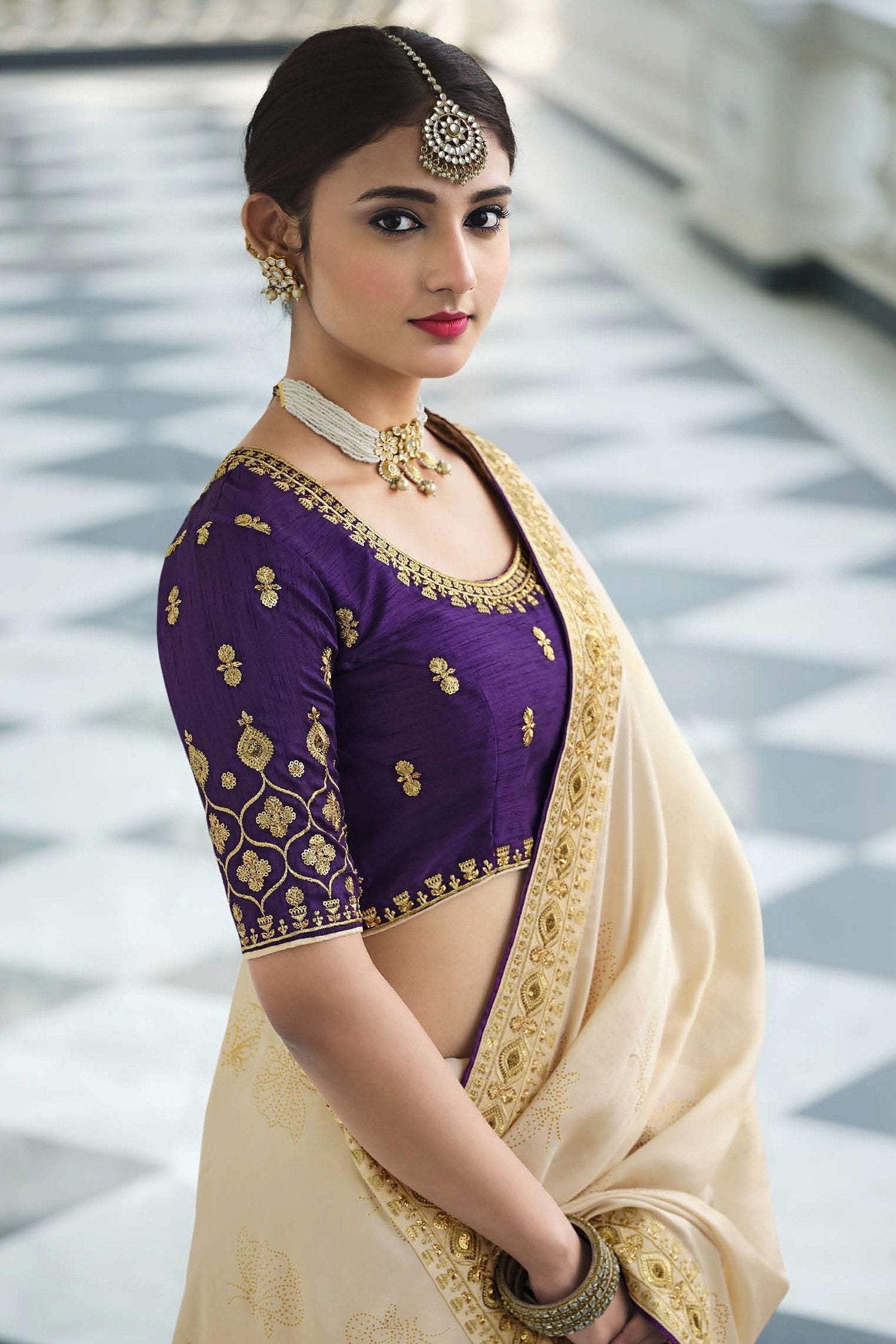 Hampton Cream and Purple Chiffon Stone Work Saree