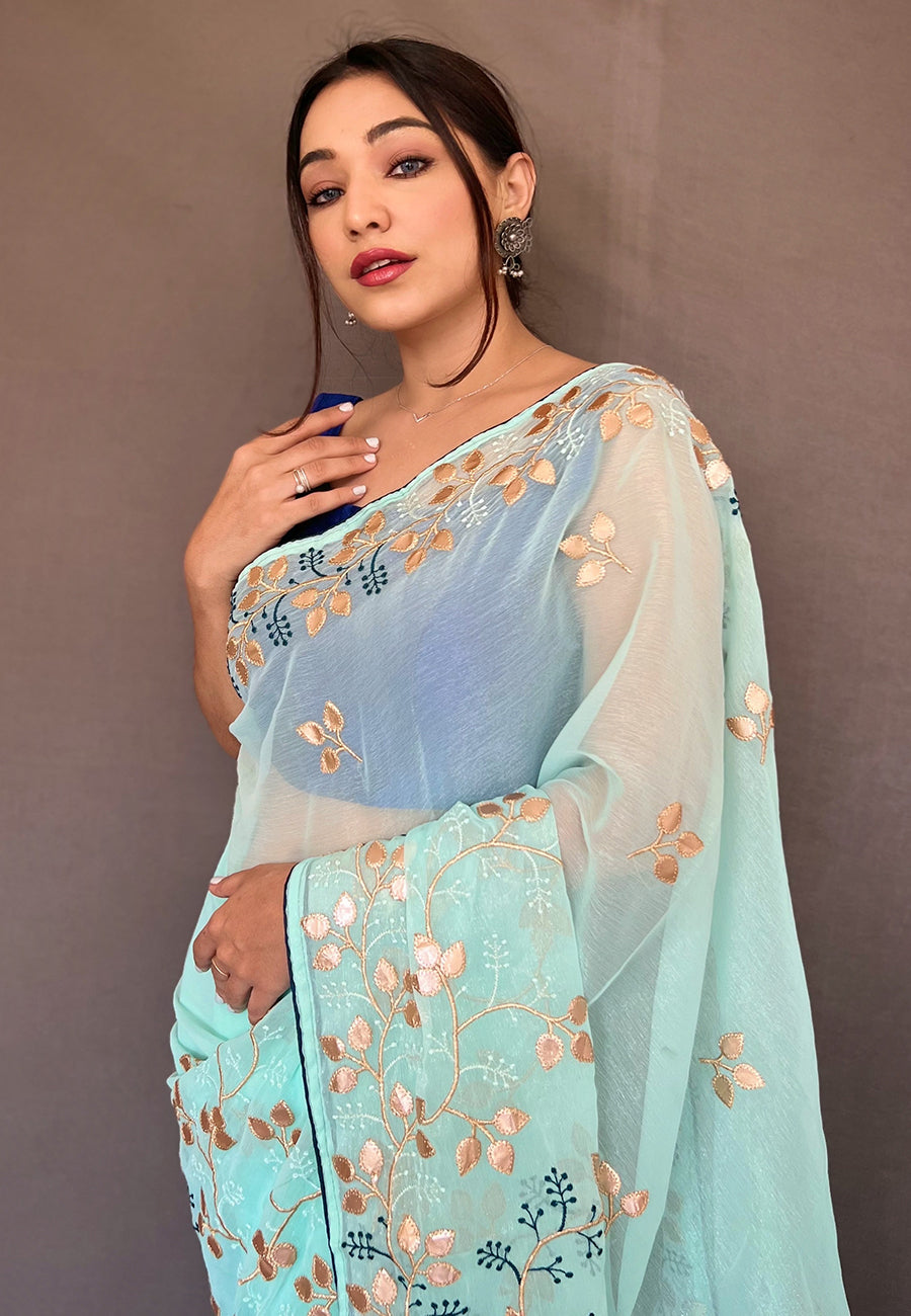 Pale Leaf Blue Embroidered Organza Silk Saree