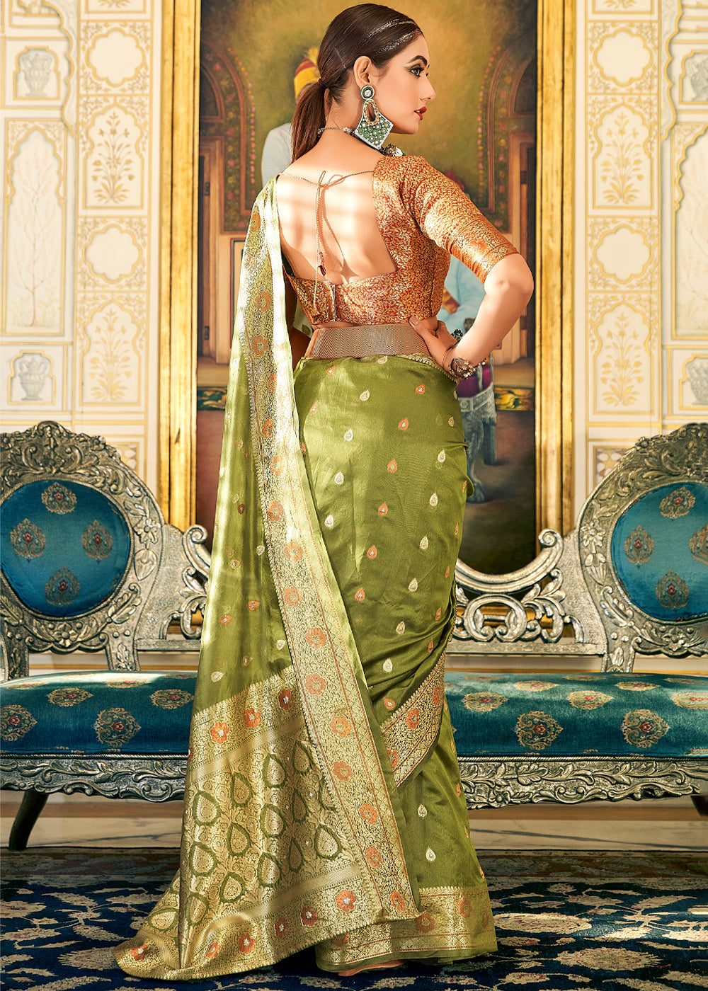 Sycamore Green Woven Banarasi Organza Silk Saree