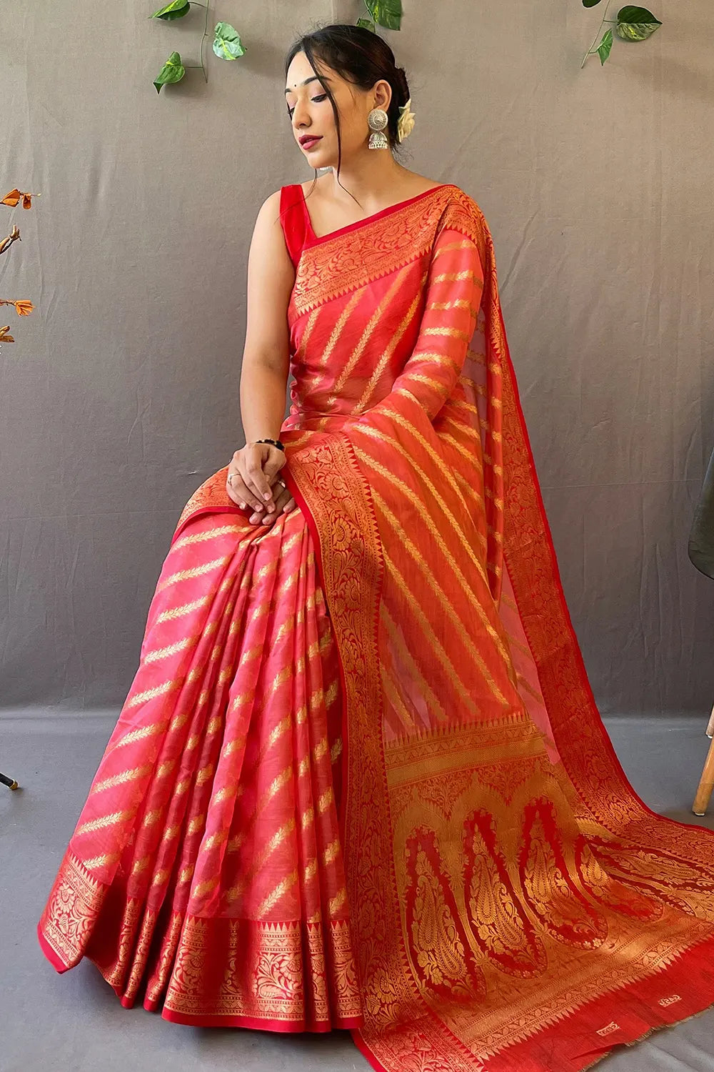 Milano Red Zari Woven Organza Saree