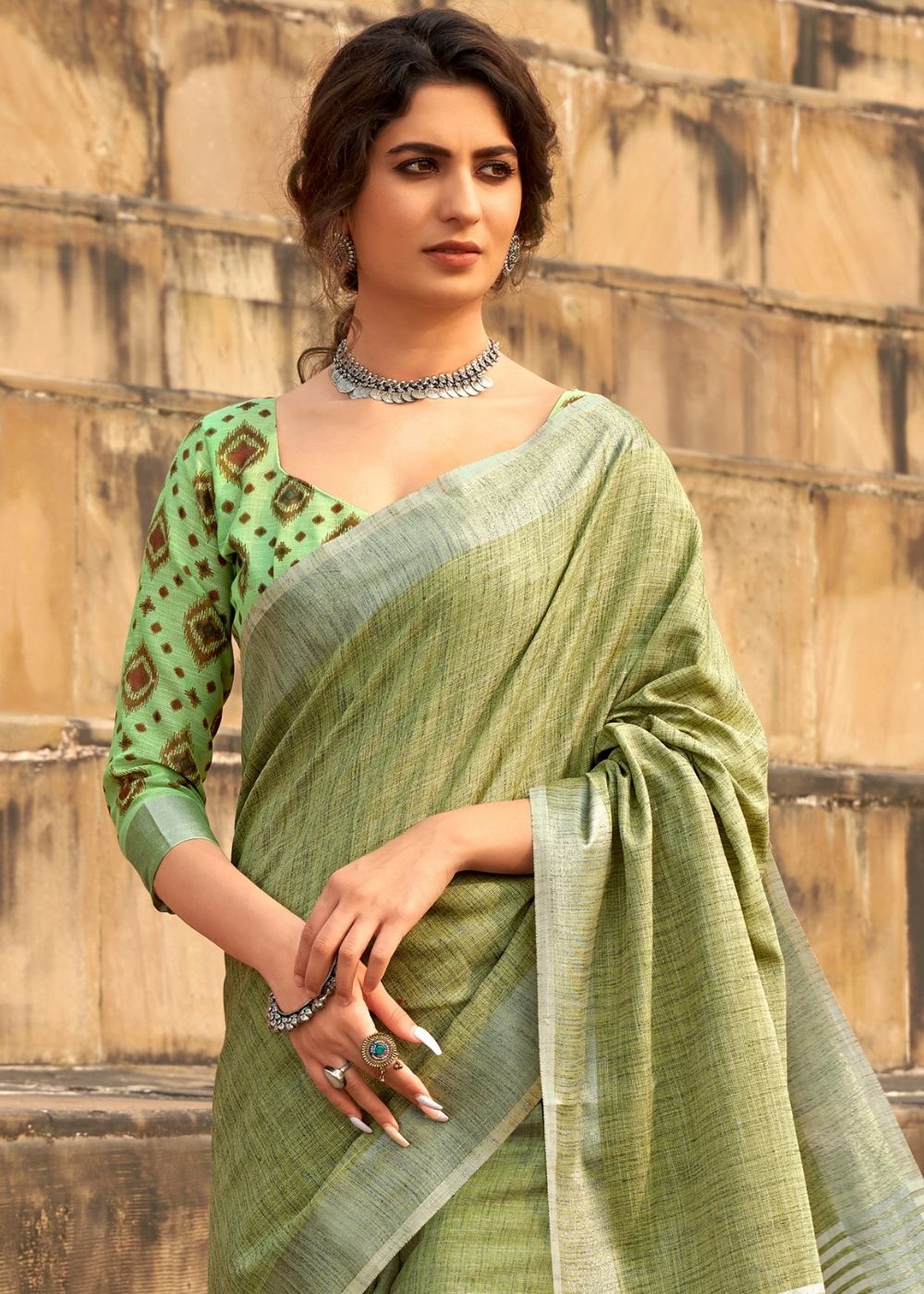 Sycamore Green Soft Linen Silk Saree