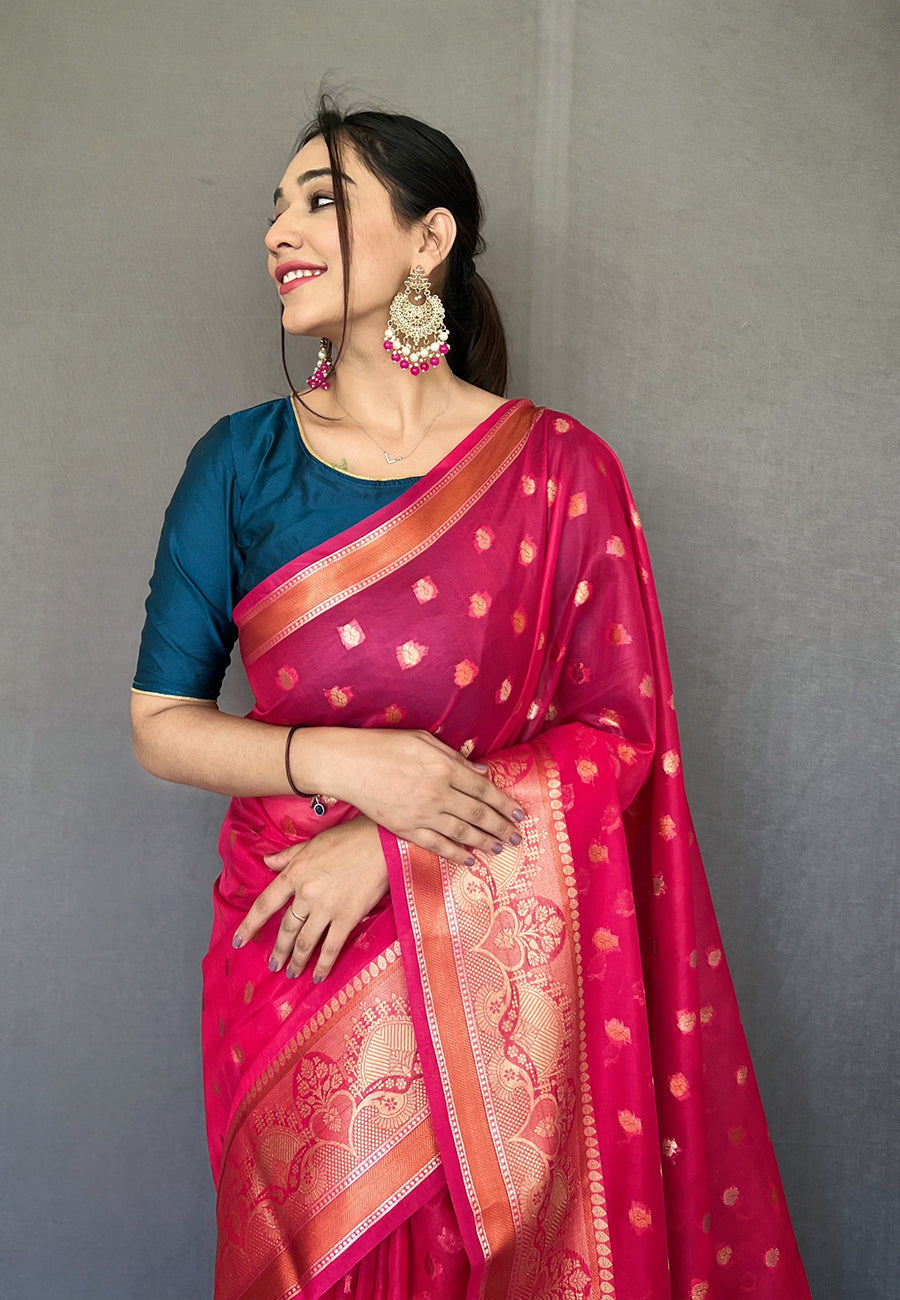 Sasquatch Pink Zari Woven Organza Silk Saree