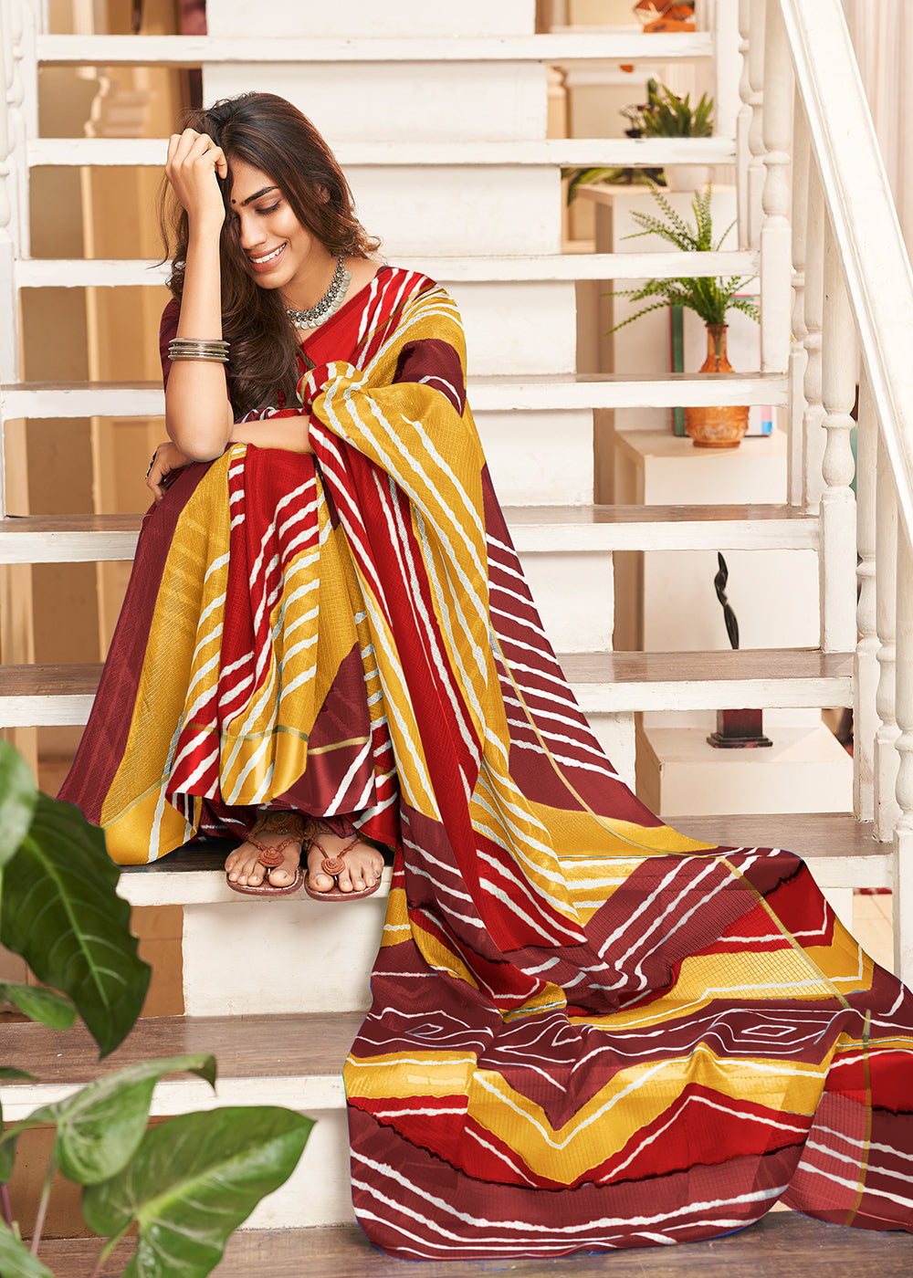 Merlot Red Yellow and Brown Cotton Saree With Leheriya Print