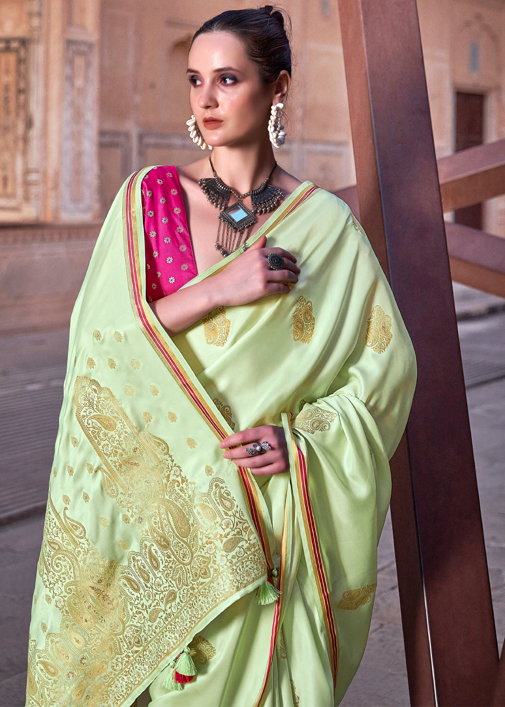 Sprout Green Woven Satin Silk Saree