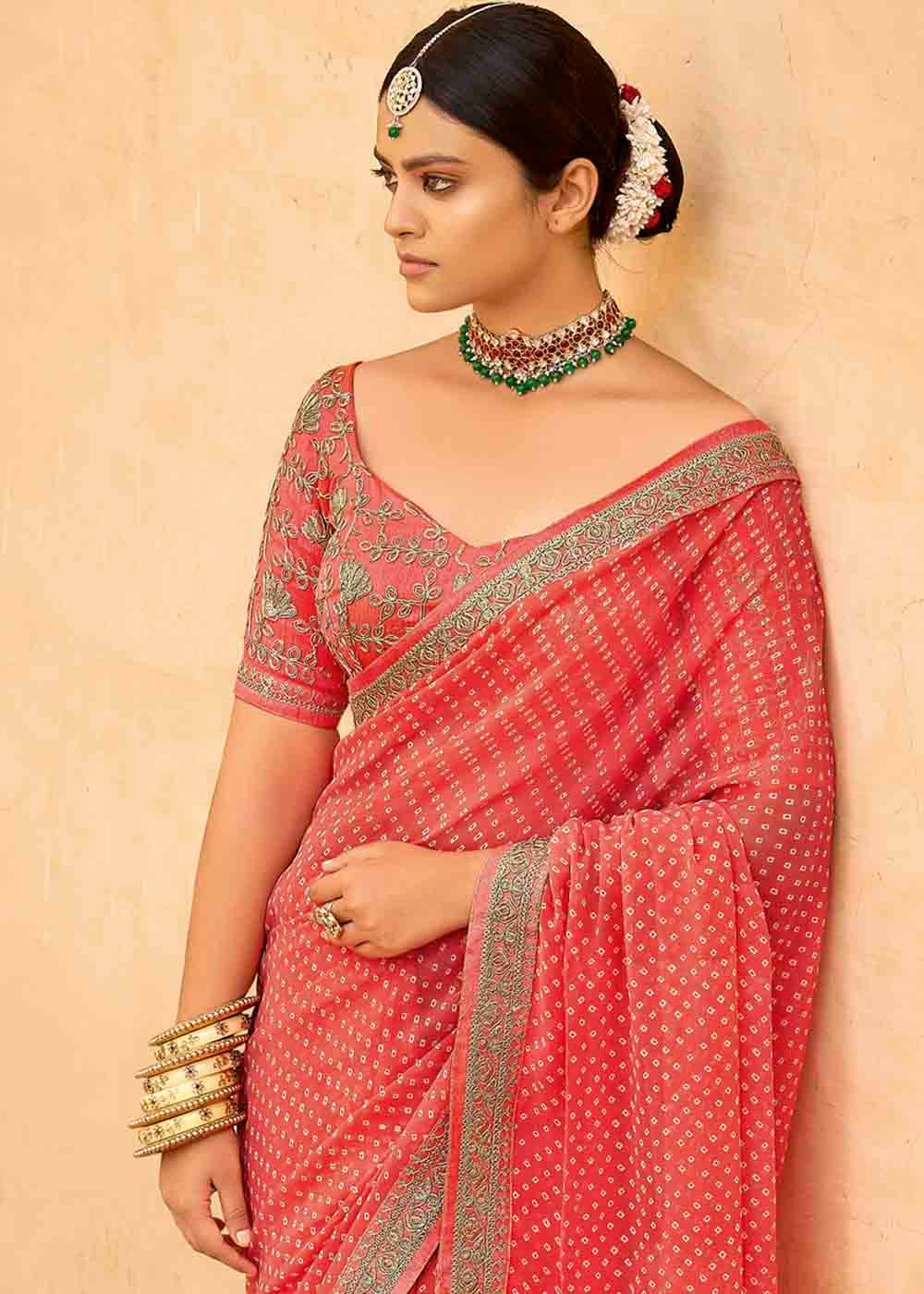 Burnt Pink Georgette Leheriya Printed Saree with Embroidered Blouse