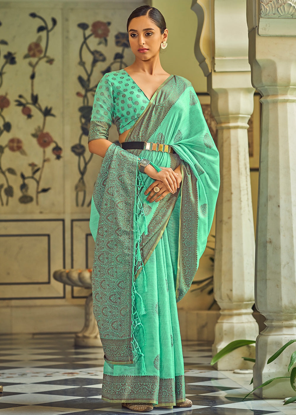 Caribbean Green Linen Silk Saree