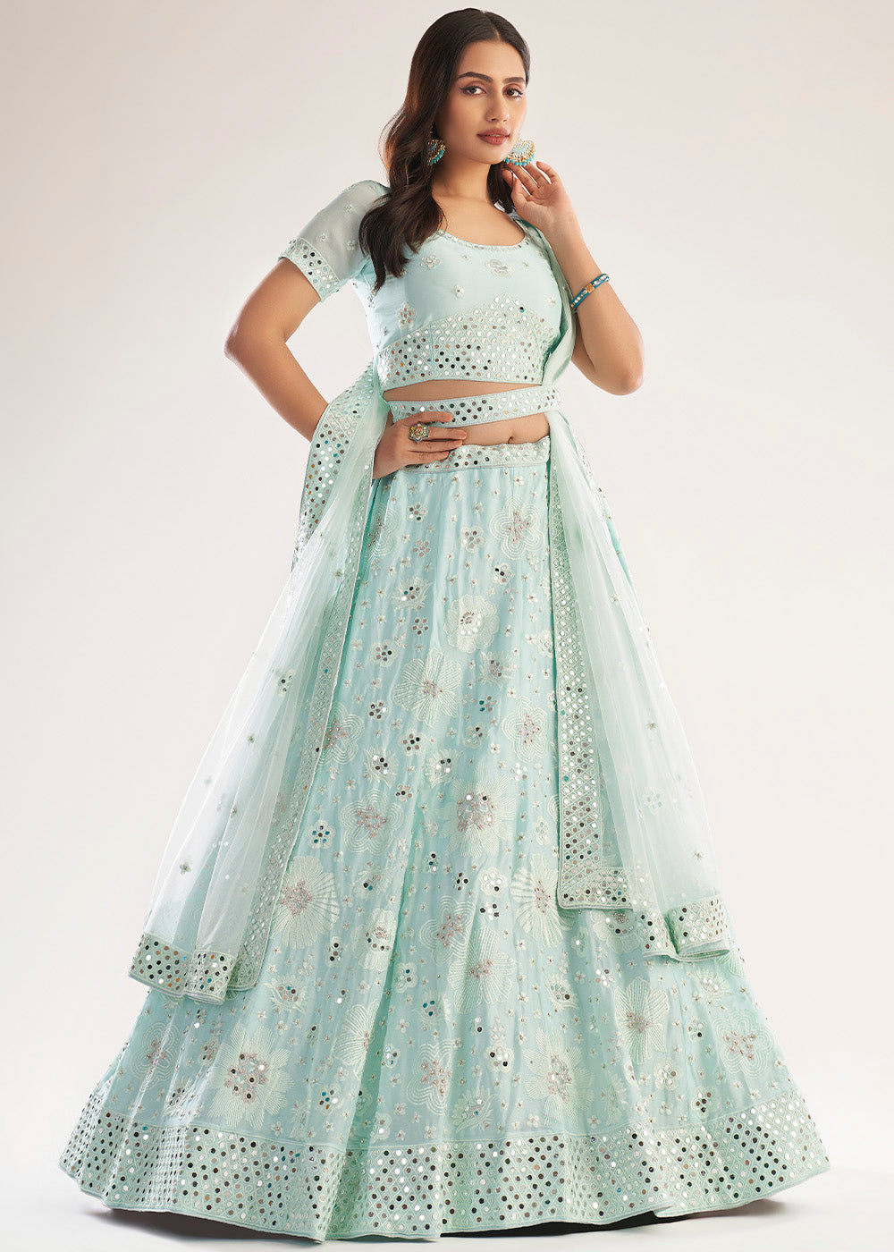 Moon Mist Blue Net Designer Lehenga Choli