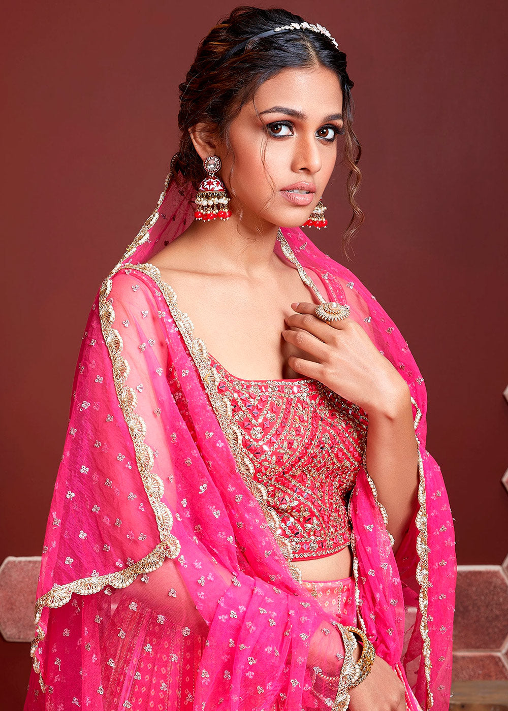 Wild Watermelon Pink Bandhani Printed Chinon Silk Lehenga Choli