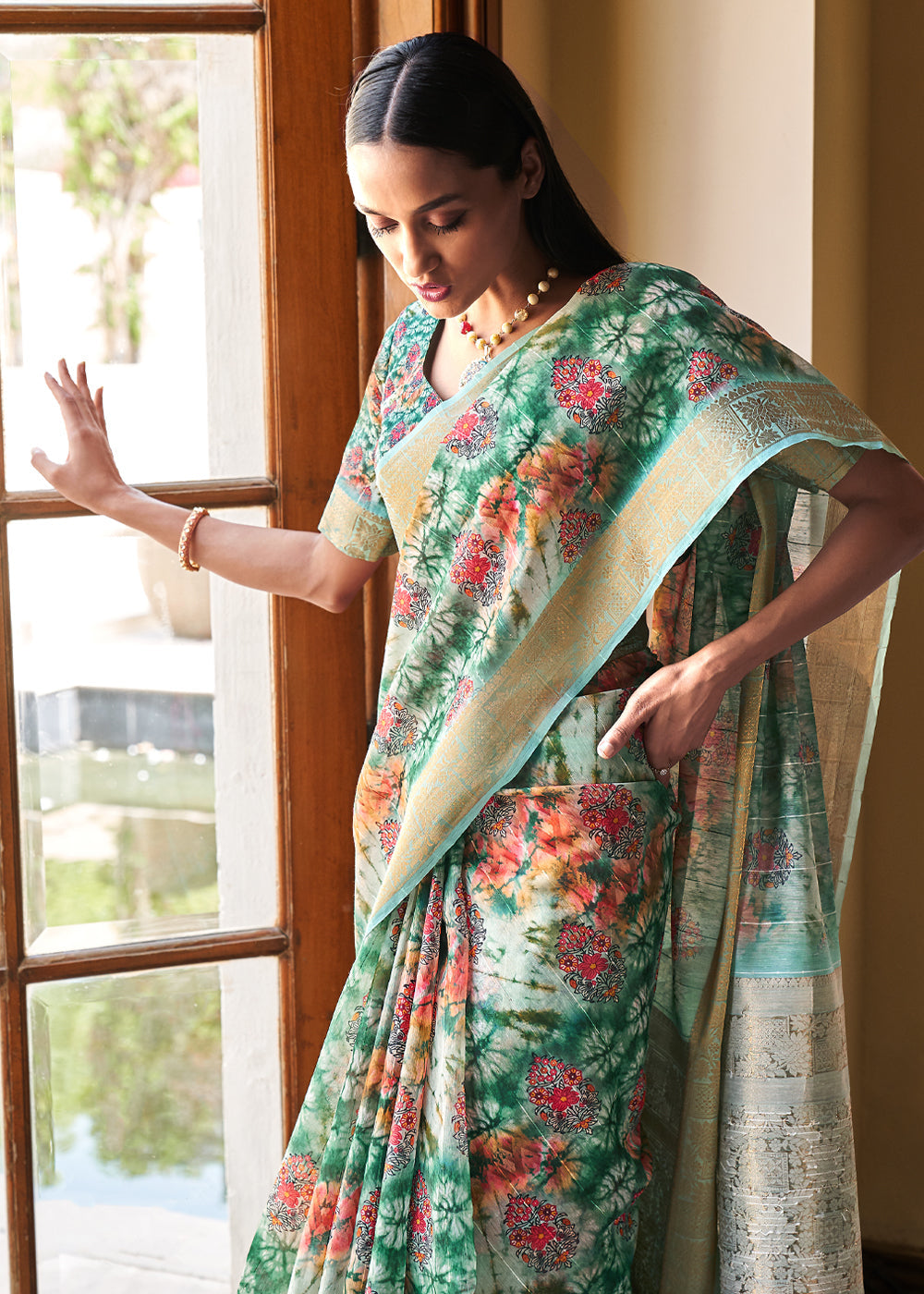 Pine Green Digital Print Linen Saree