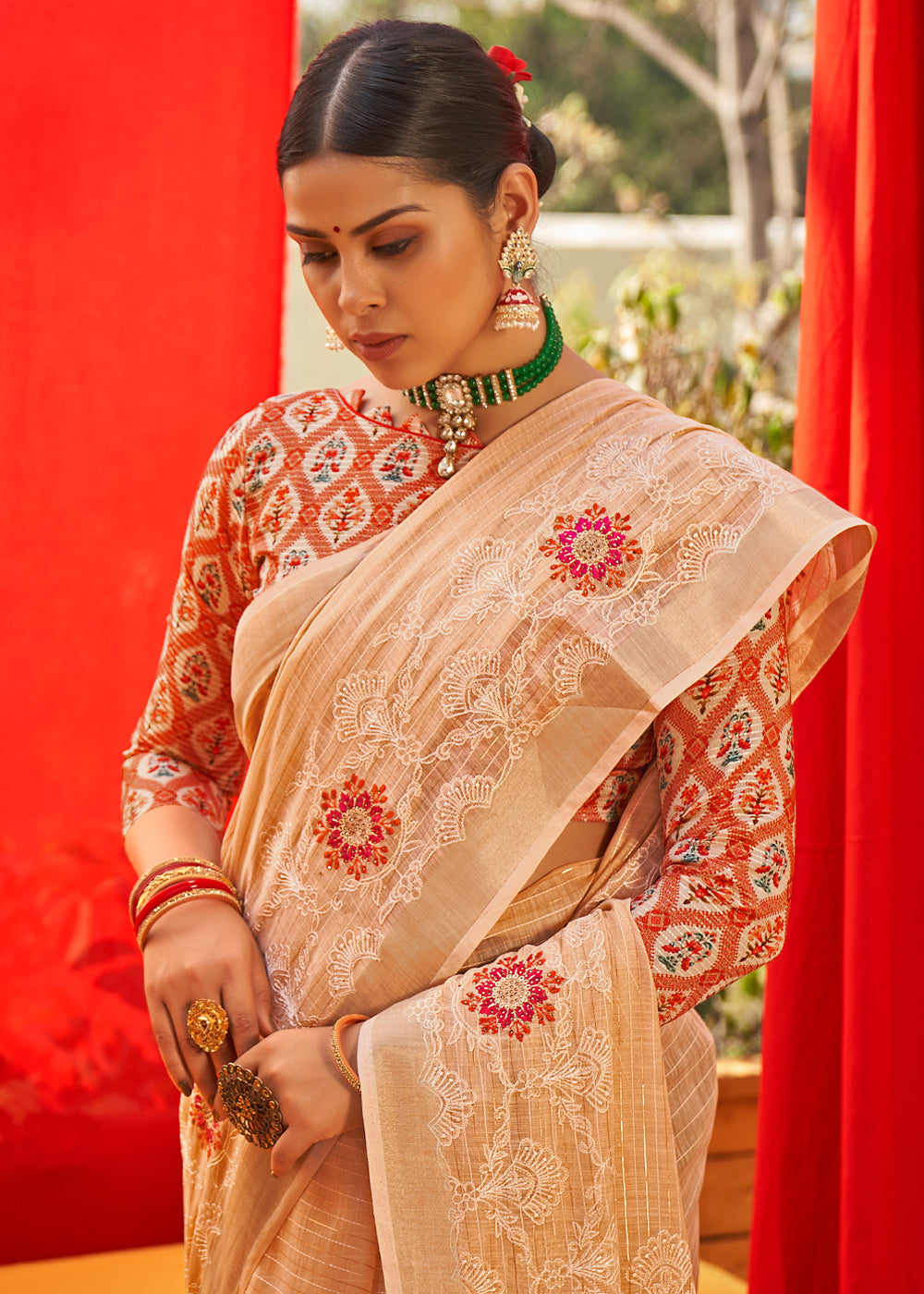 Peach Orange Woven Linen Silk Saree