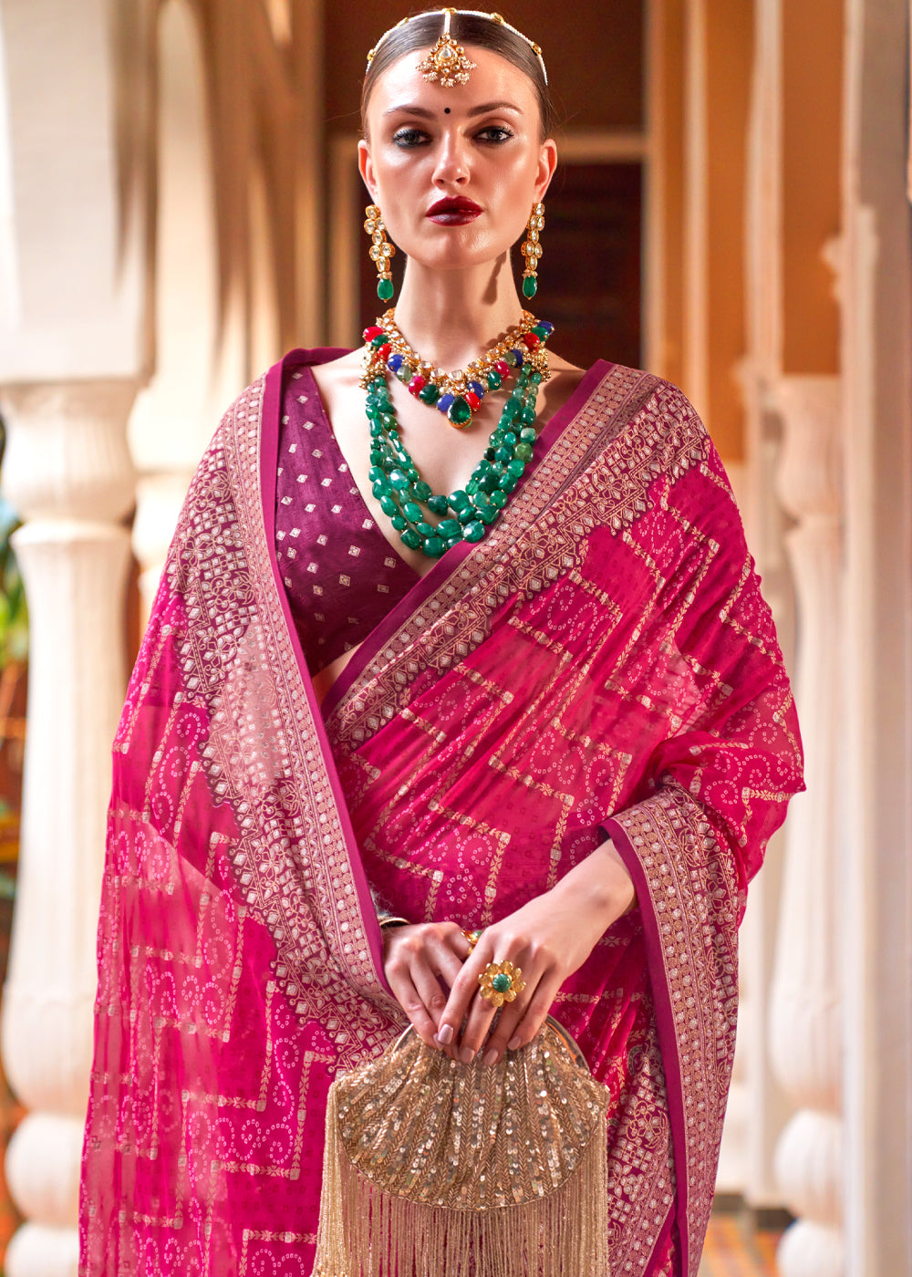 Brick Pink Lehariya Georgette Silk Saree