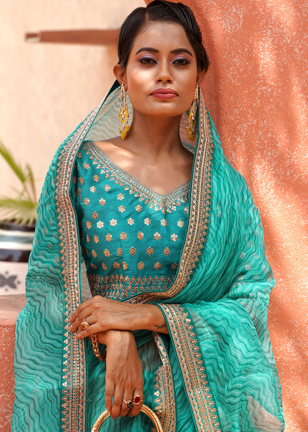 Ocean Green Pearl Lehriya Organza Saree With Embroidered Blouse