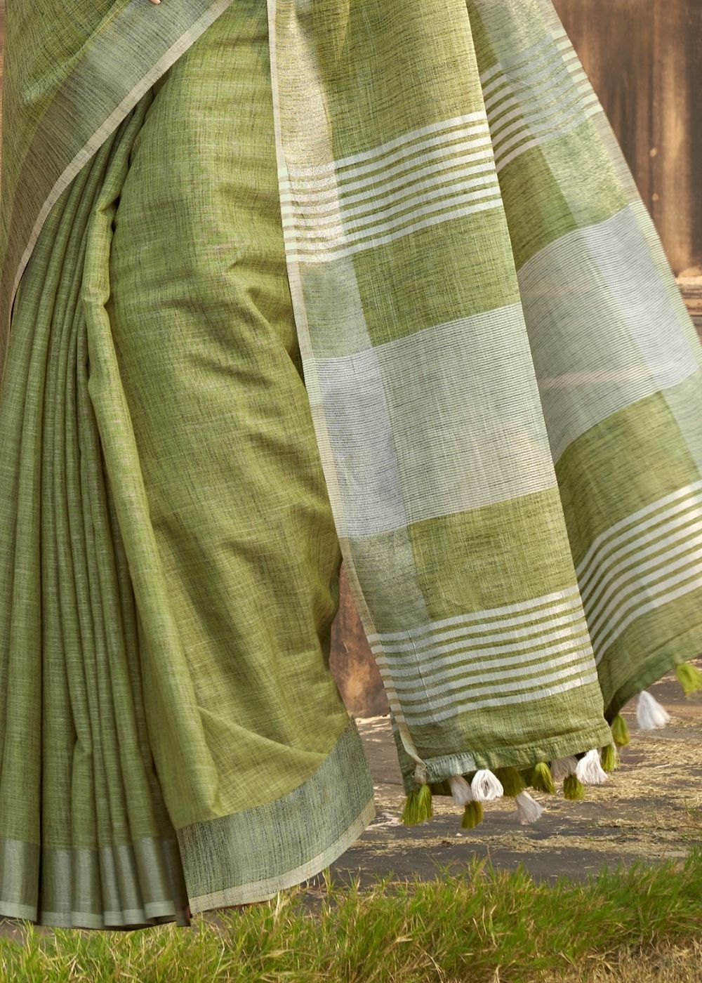 Sycamore Green Soft Linen Silk Saree